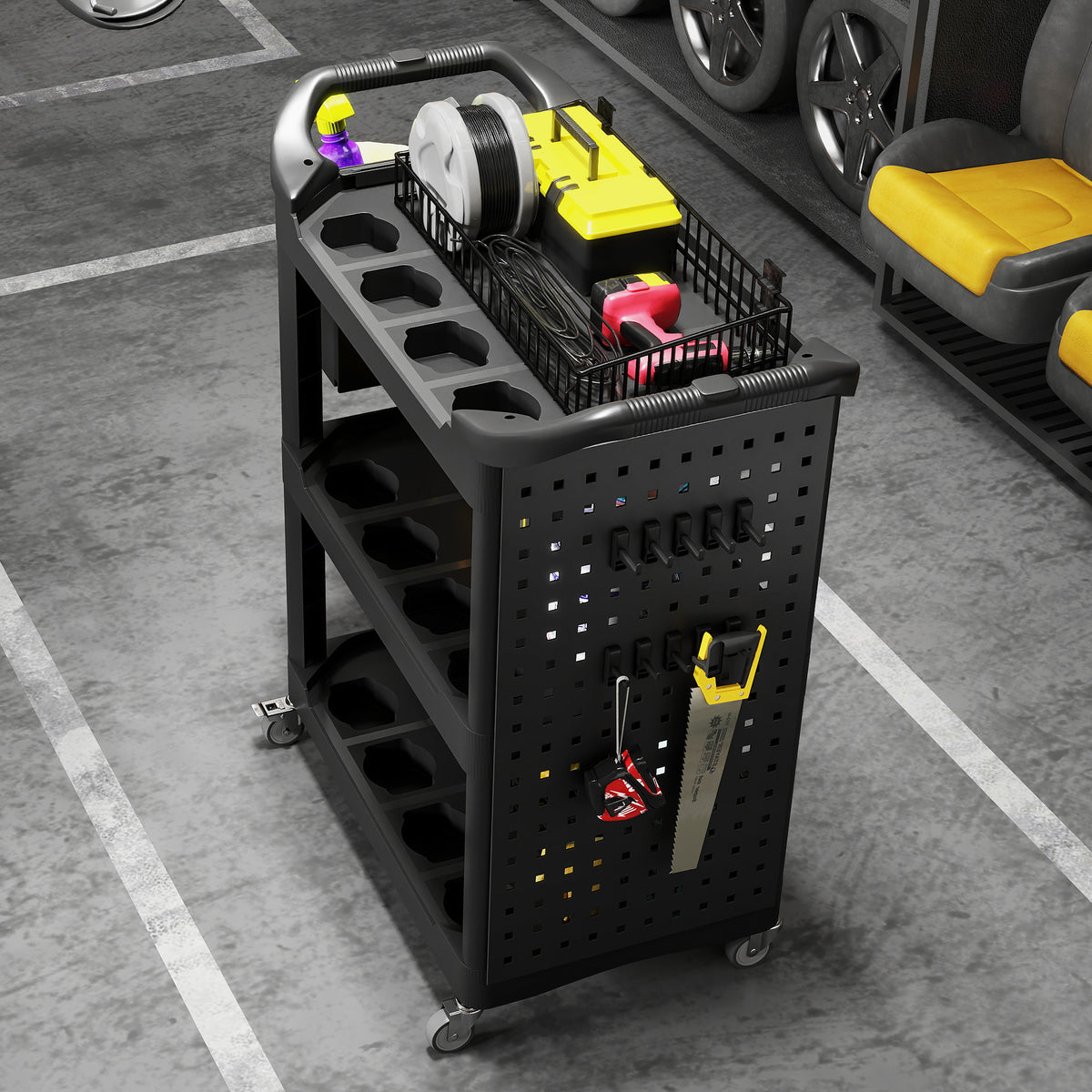 3-Tier Rolling Tool Cart, 200 LBS Capacity Plastic Utility Cart with Side Shelf and Storage Bucket, Black