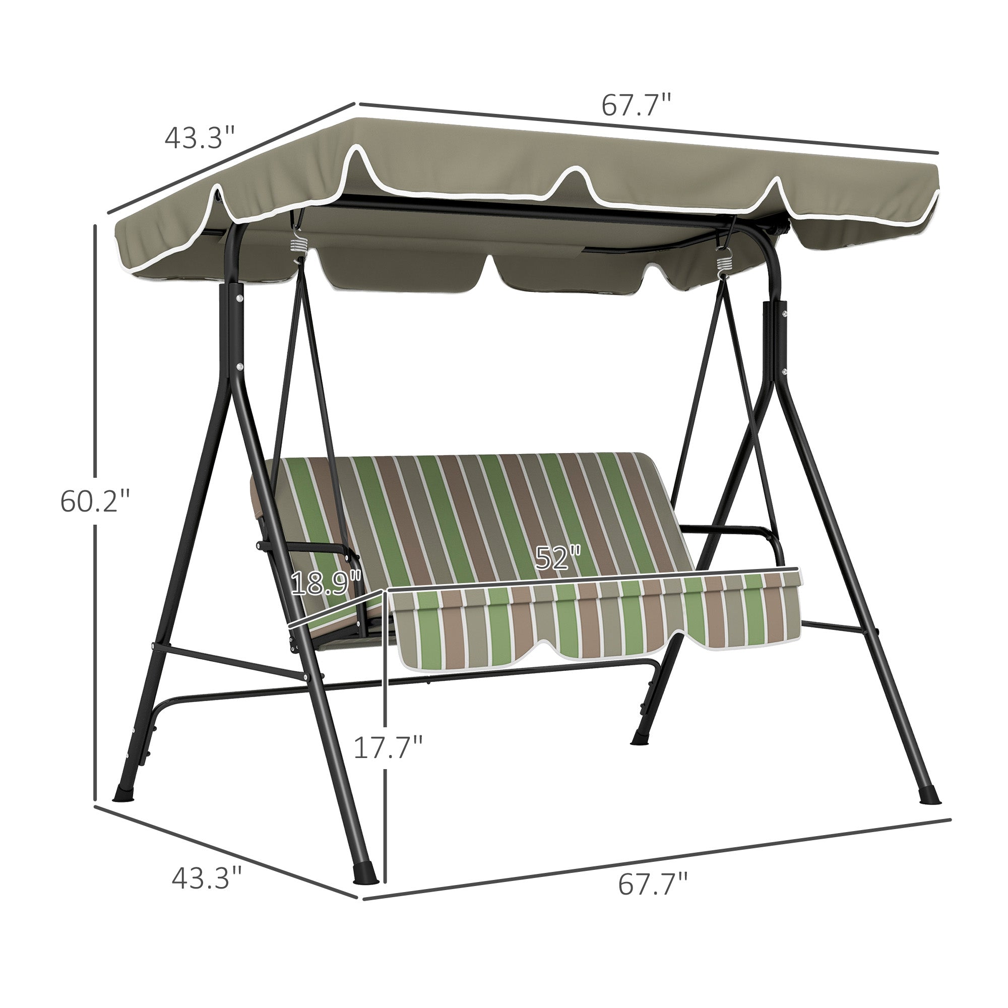 3-Seat Outdoor Patio Swing Chair w/ Cushion, Steel Frame Stand, Adjustable Tilt Canopy for Patio, Garden, Beige & Green