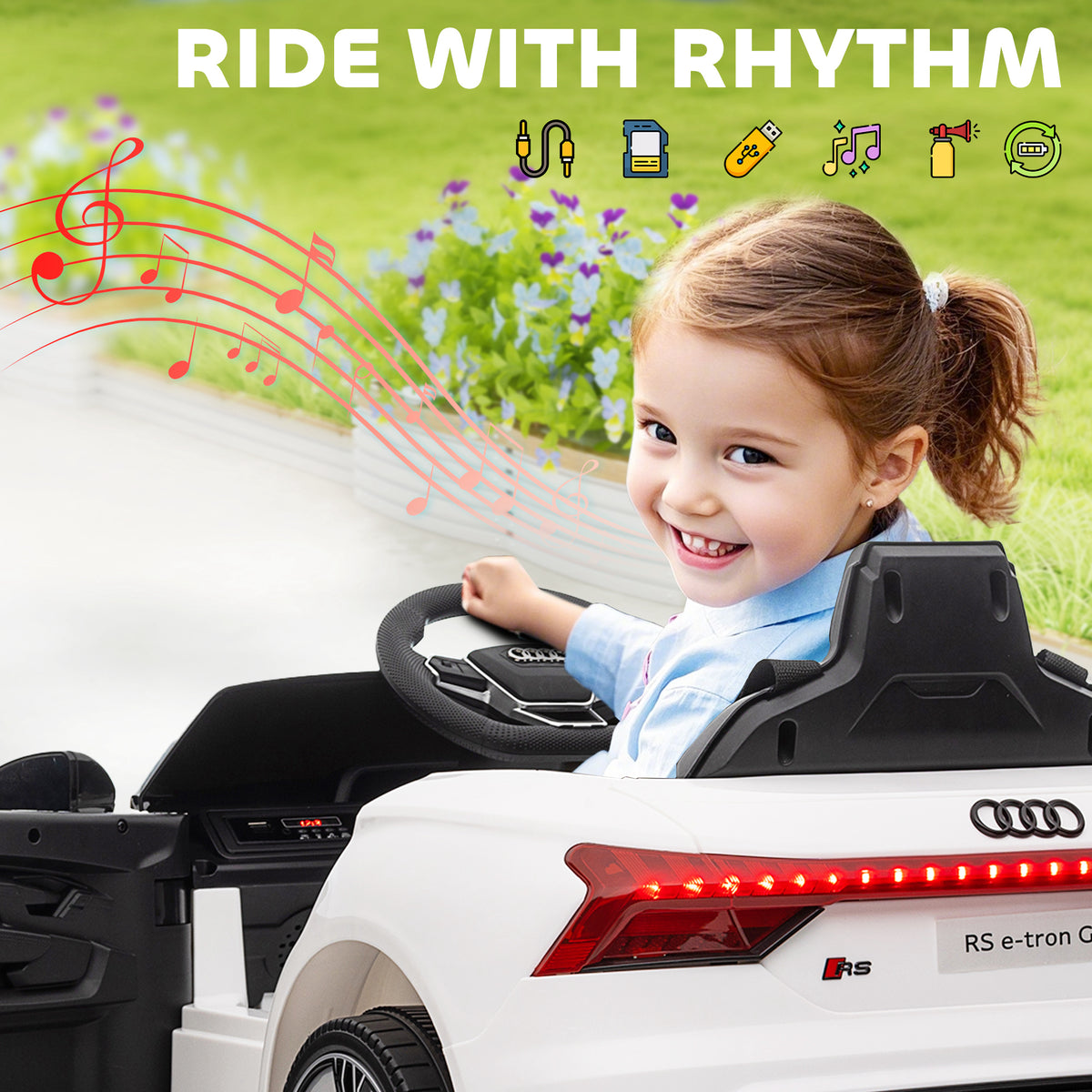 Licensed RS e-tron GT 12V Ride On Car Truck for Kids, Electric Car Ride On Vehicle w/Parent Remote Control, Music, Lights, for Toddlers, White