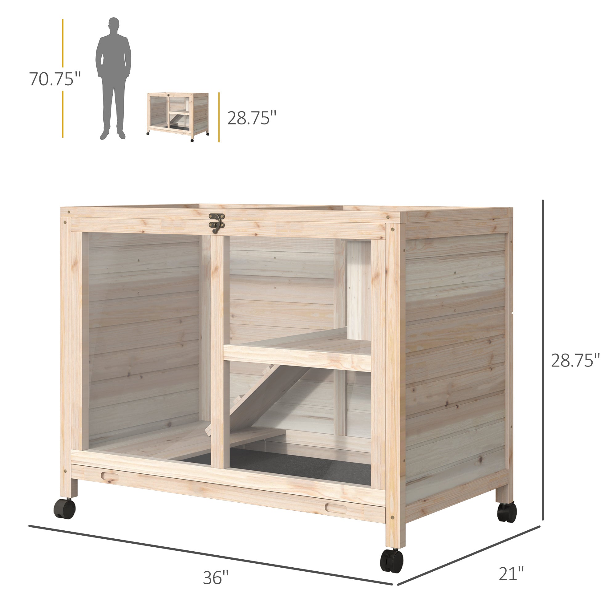 Rabbit Hutch with Wheels, Desk and Side Table Sized, Wooden Rabbit Cage, Waterproof Small Bunny Cage with Removable Tray, Openable Roof, for Rabbits, Chickens, Ducks, Indoor/Outdoor, Natural