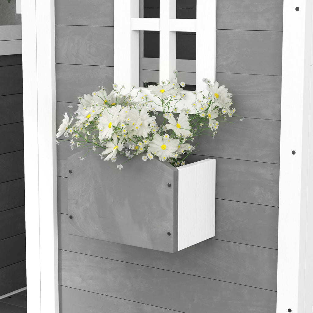 Outdoor Wooden Playhouse for Kids with Floor, Door, Windows, Planter Box for 3-8 Years Old, Backyard, Lawn, Garden