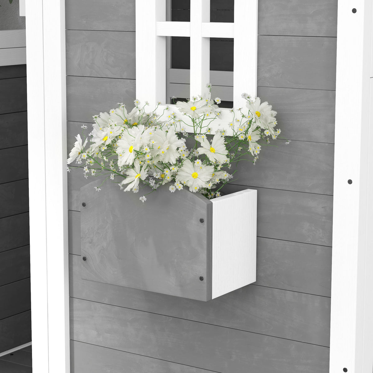 Outdoor Wooden Playhouse for Kids with Floor, Door, Windows, Planter Box for 3-8 Years Old, Backyard, Lawn, Garden
