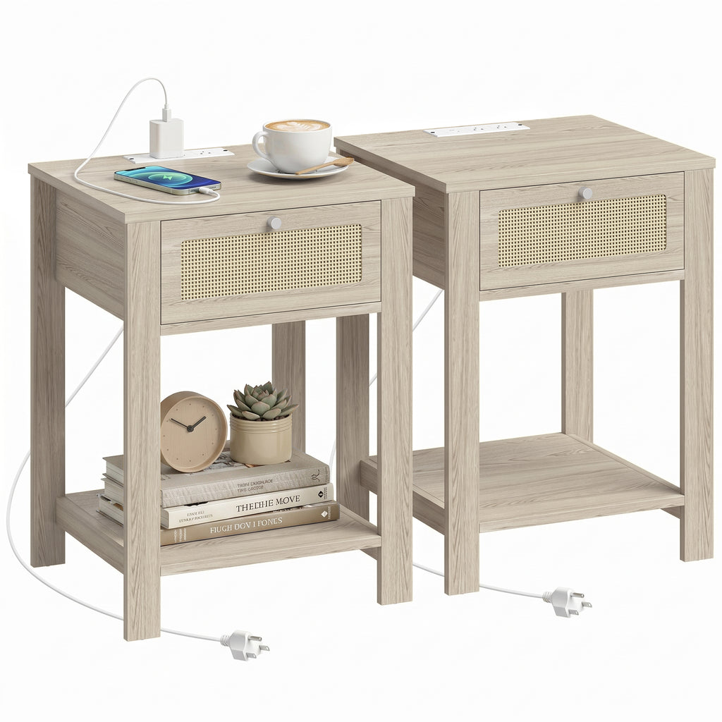 Boho Side Tables Set of 2 with Charging Station, End Tables with Drawer and Open Shelf for Living Room, Natural Wood