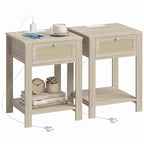 Boho Side Tables Set of 2 with Charging Station, End Tables with Drawer and Open Shelf for Living Room, Natural Wood