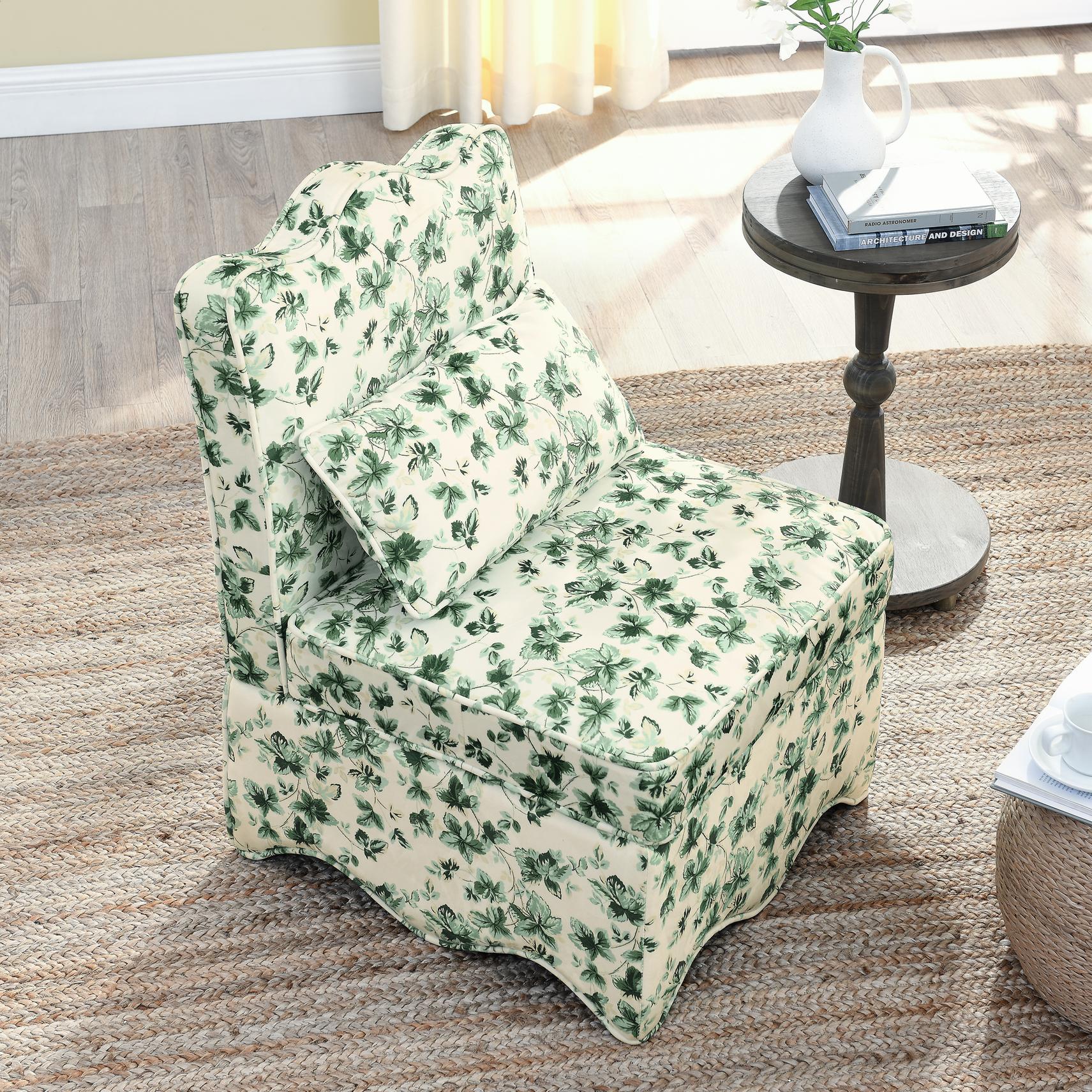 Flannel Single Dining Chair with Floral Pattern, Soft Padded Seat & Back, Armless Seat for Dining Room, 23.5" L x 26" W x 33.5" H, Green