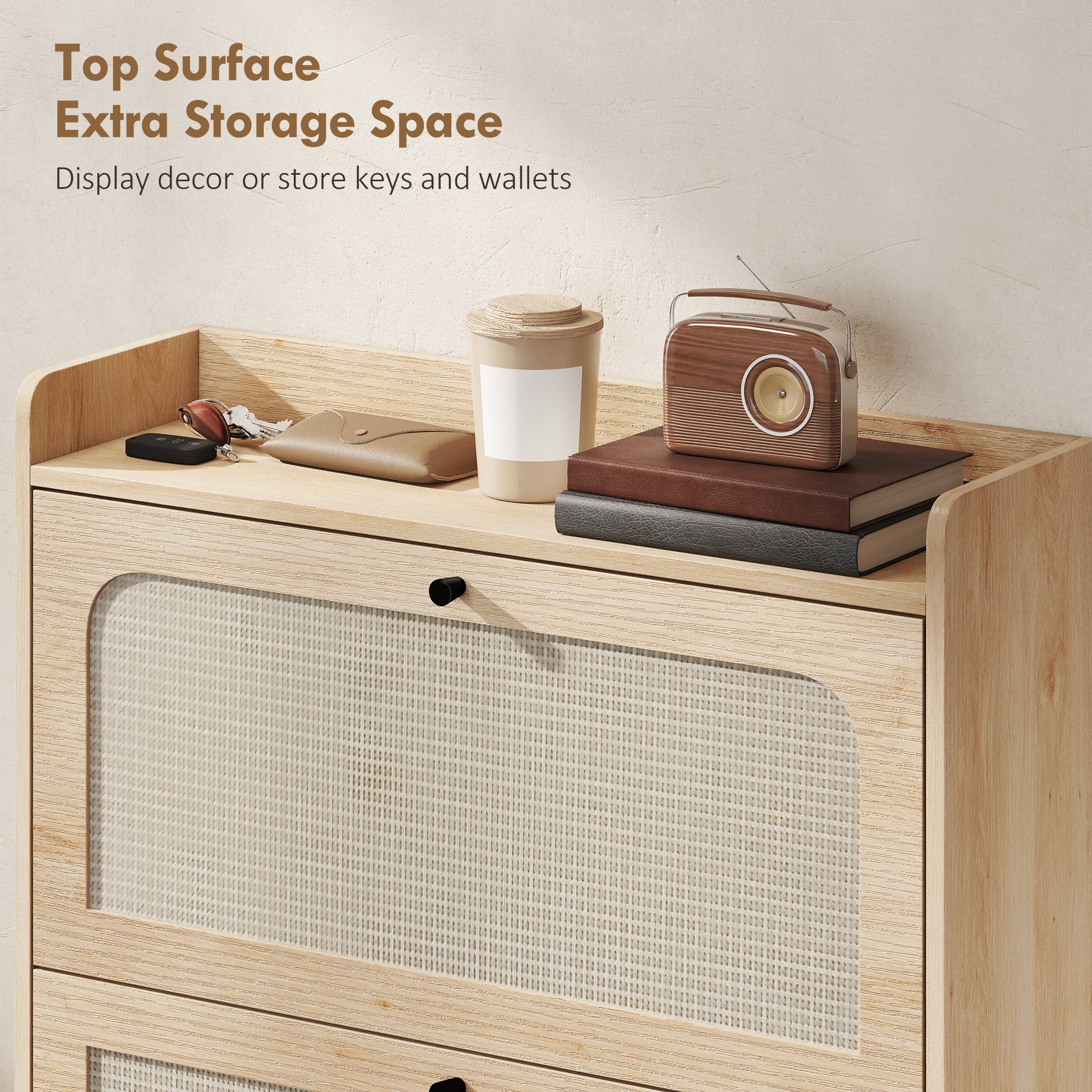 Shoe Cabinet with 2 Flip Drawers, Boho Narrow Shoe Storage Cabinet, Oak