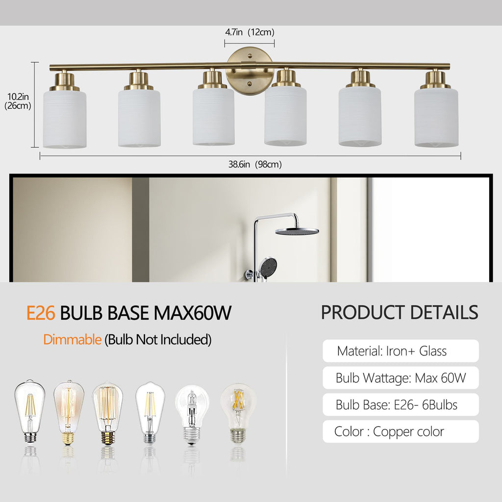 38.5" Modern 6-Light Vanity Wall Sconce with Frosted Glass Shades, Golden Finish, Easy Installation, 38.5" L x 6.5" W x 10" H, Gold