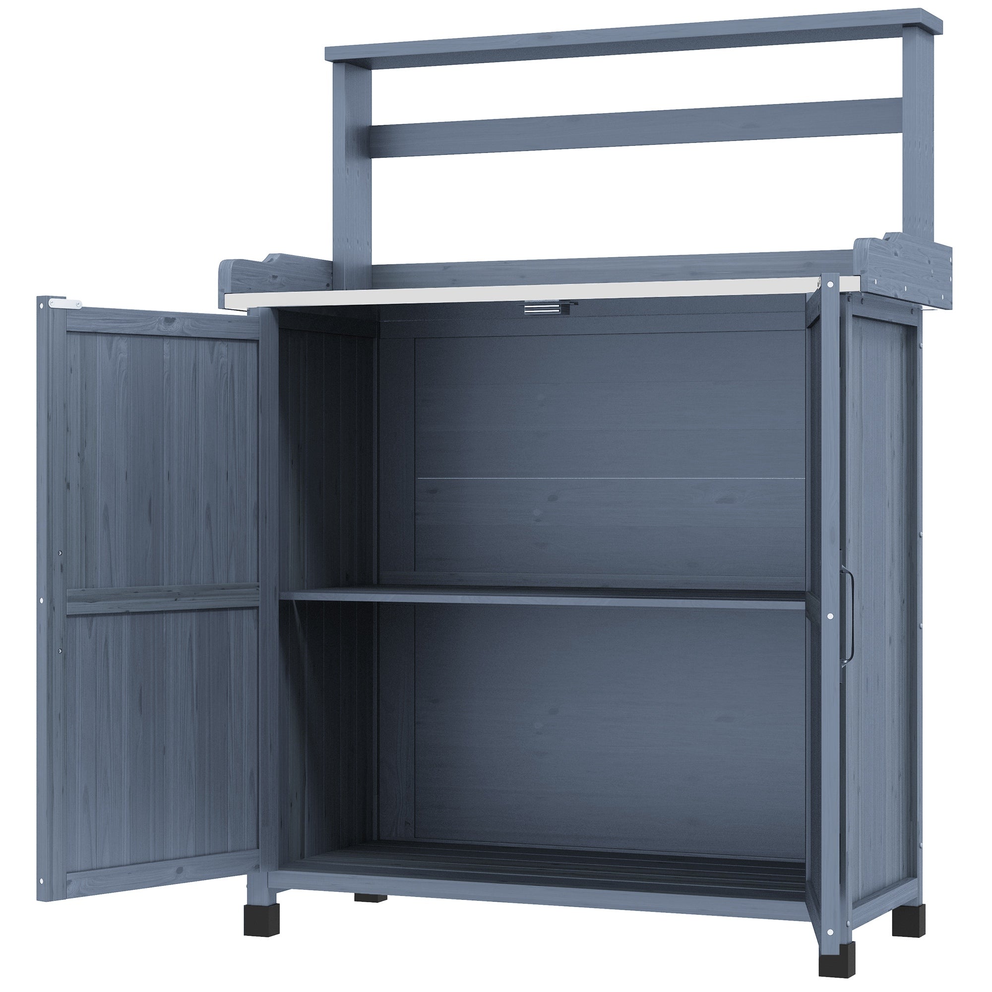 Outdoor Wooden Potting Bench with Storage Cabinet, Shelves, Galvanized Plated Tabletop for Backyard, Balcony, Gray