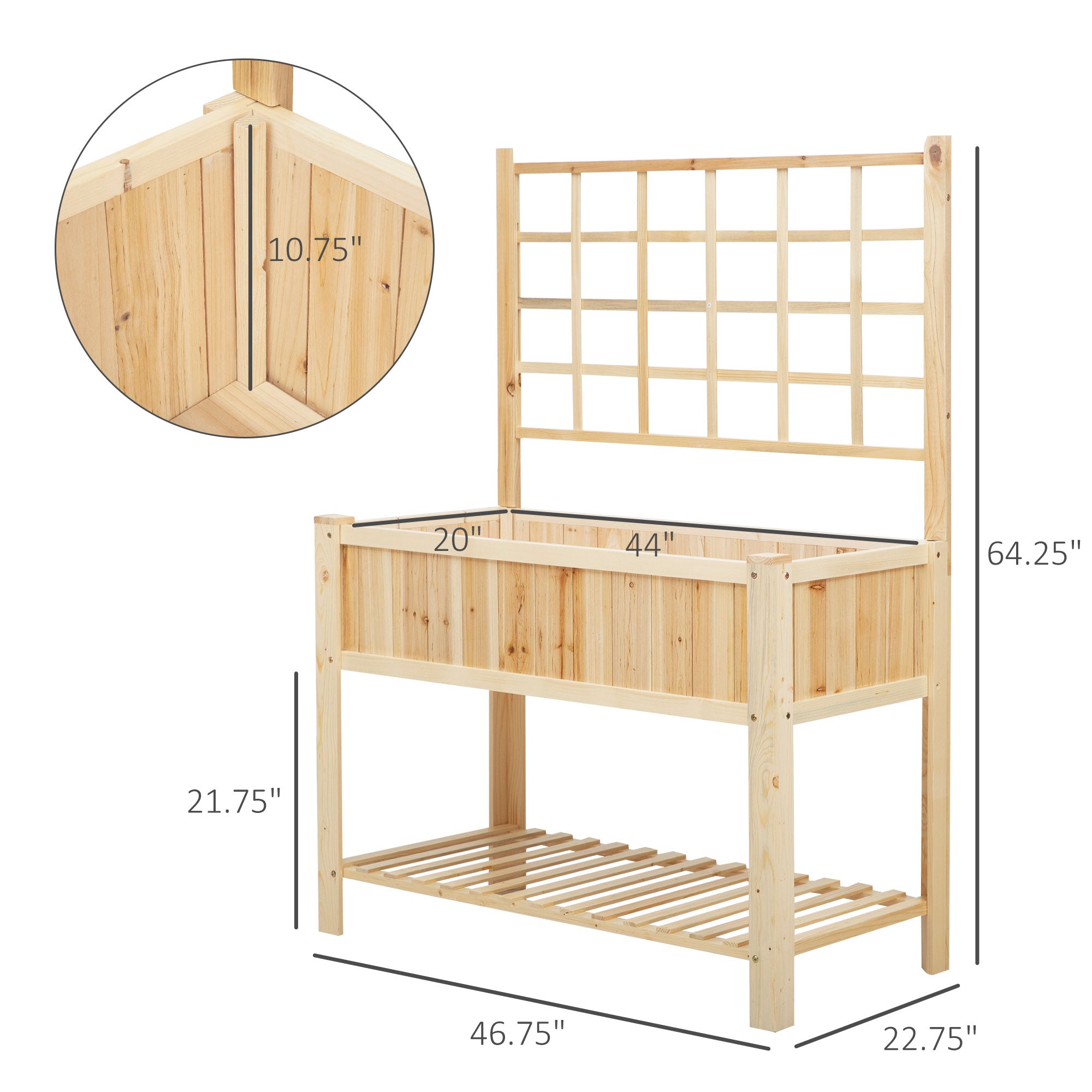47" Wooden Raised Garden Bed with Trellis, Coutryside Style Elevated Planter Box Stand with Open Storage Shelf, Spacious Planting Area for Vegetables, Herbs, Flowers