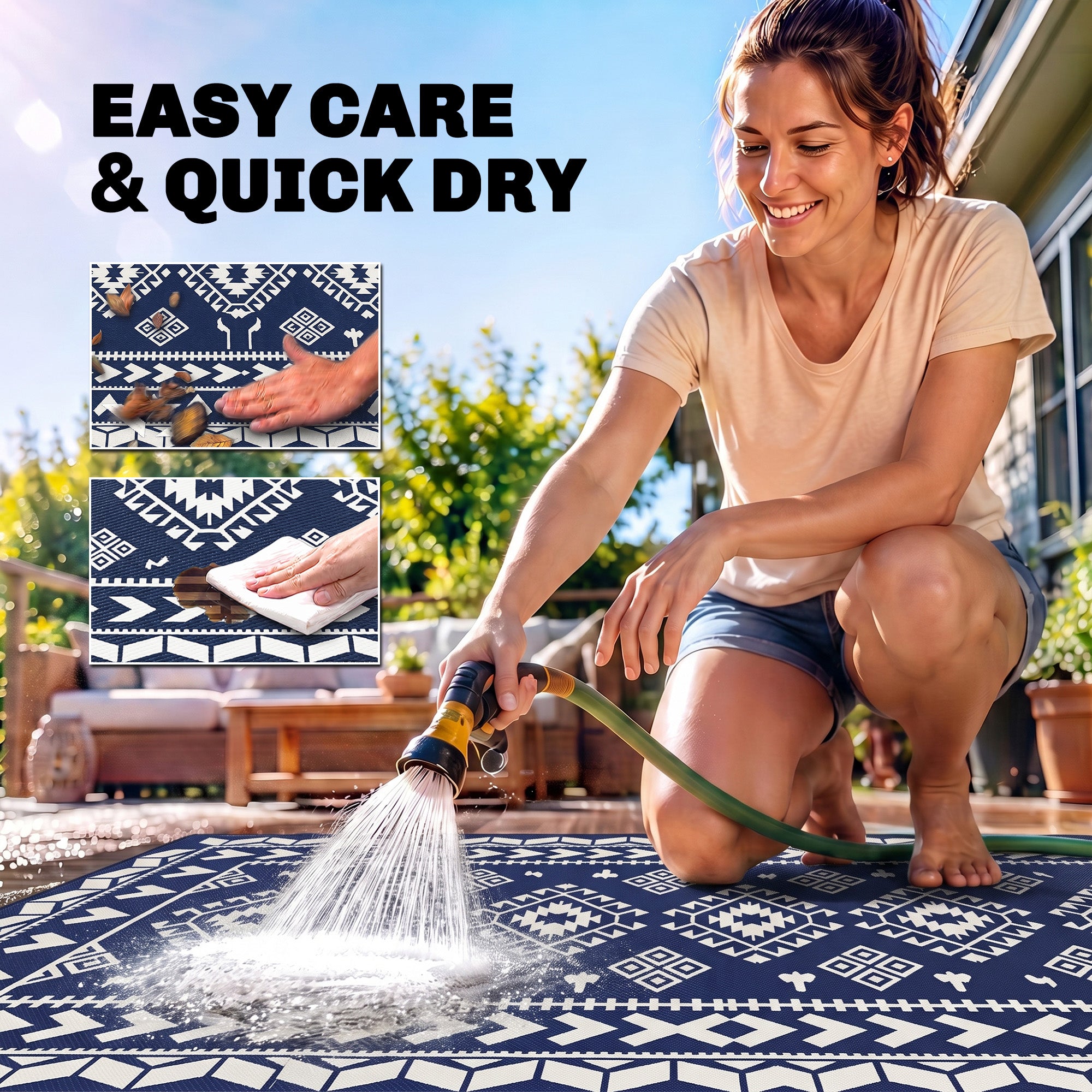 Reversible Outdoor Rug, Waterproof Plastic Straw with Carry Bag, 9' x 18', Blue & White Rhombus Patchwork