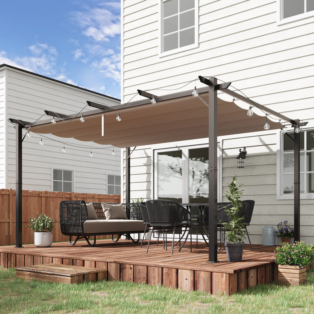 10' x 13' Aluminum Patio Pergola with Retractable Pergola Canopy, Backyard Shade Shelter for Porch, Outdoor Party, Garden, Grill Gazebo, Brown