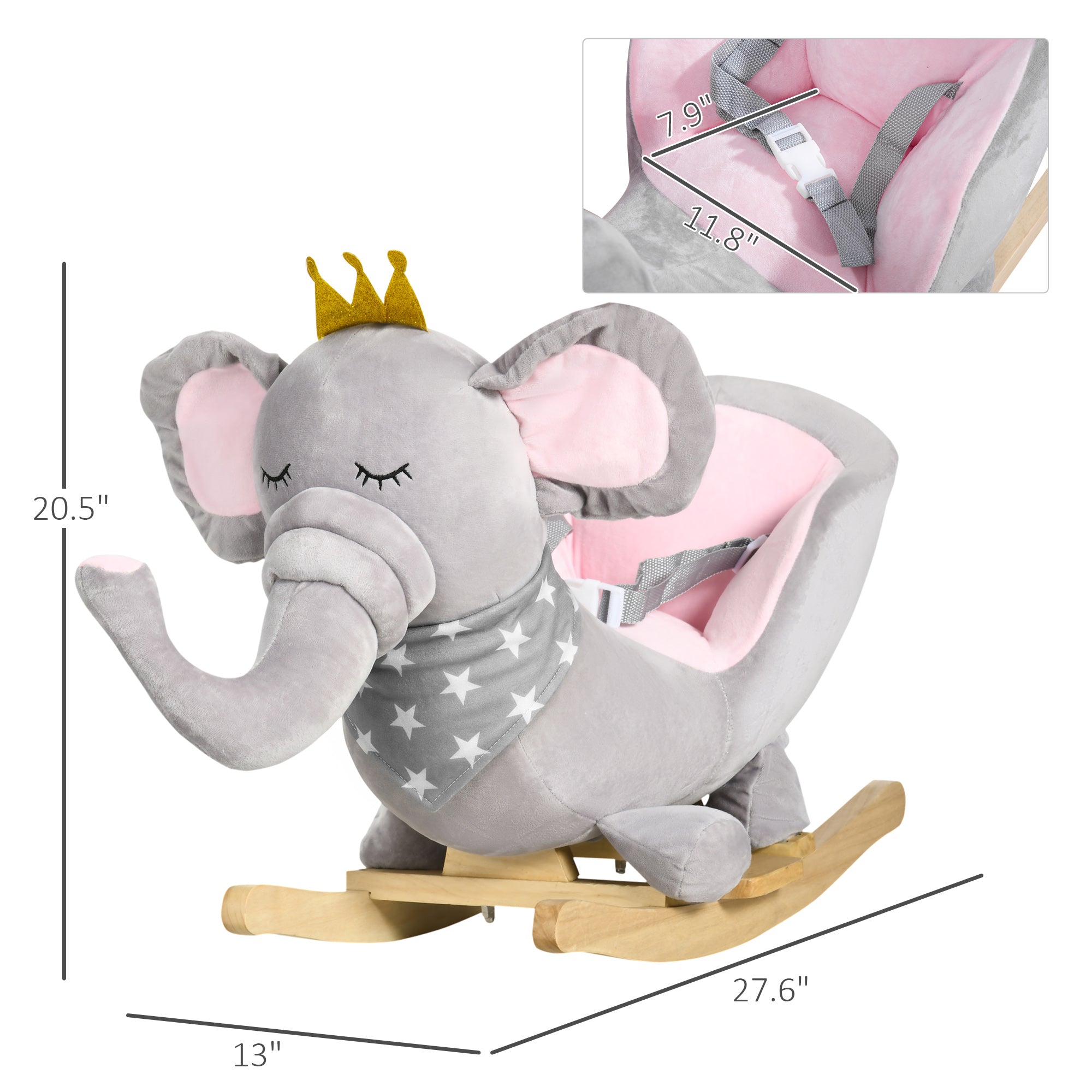 Baby Rocking Horse Elephant Rocking Chair Toddler Rocker Toy with Sound Wooden Base Seat for 1.5-3 Year Old, Gray