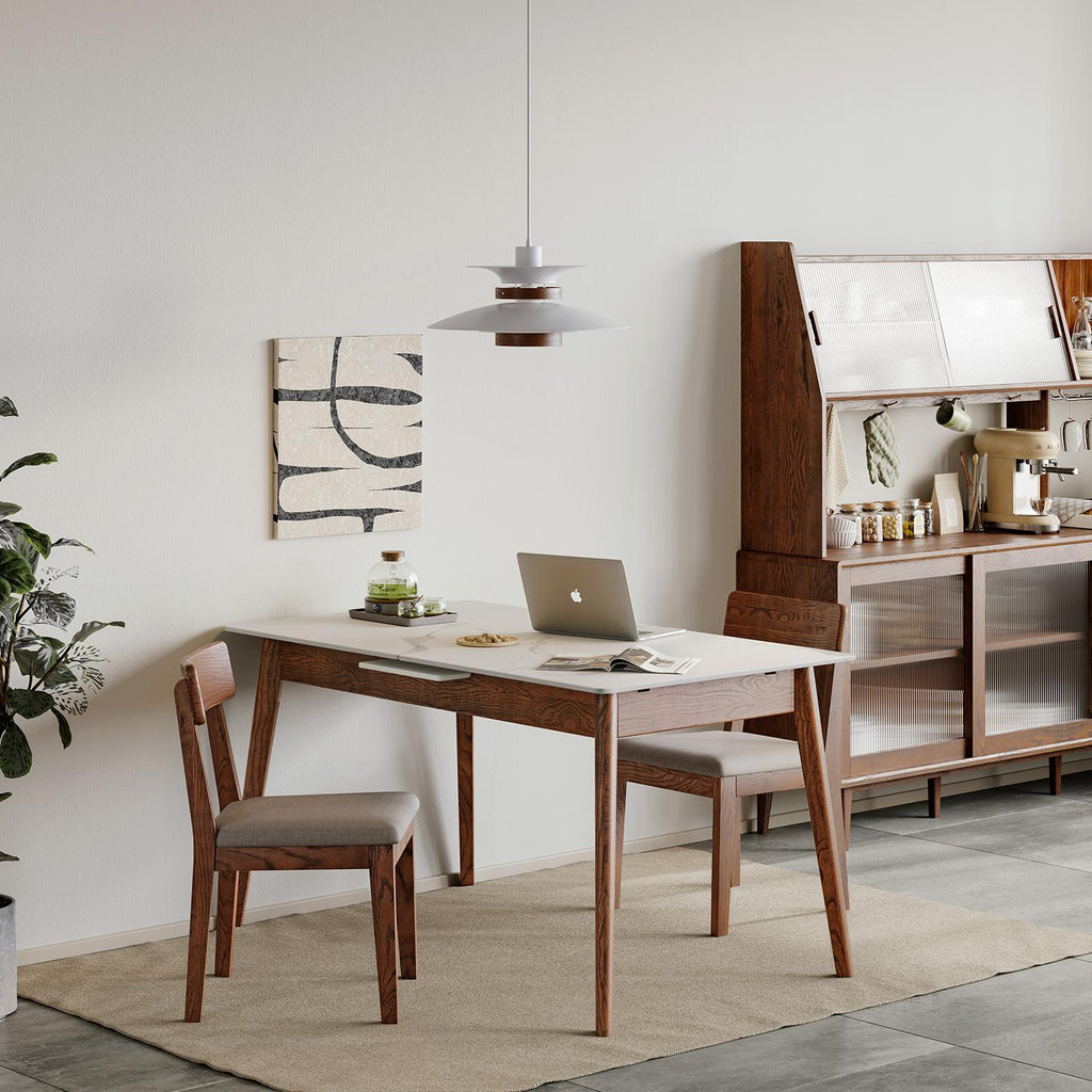 Extendable Dining Table with Stone Slab Tabletop, Sturdy Kitchen Table with Rounded Corners, 59″ L x 31.5″ W x 29.5″ H, White+Walnut