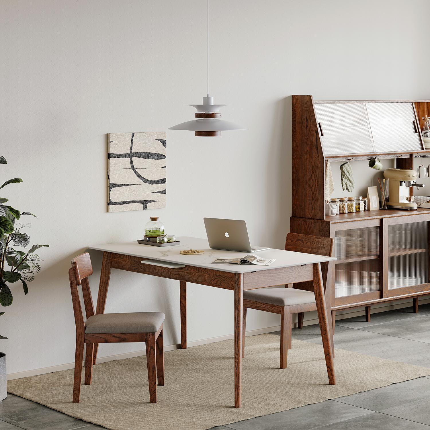 Extendable Dining Table with Stone Slab Tabletop, Sturdy Kitchen Table with Rounded Corners, 59″ L x 31.5″ W x 29.5″ H, White+Walnut