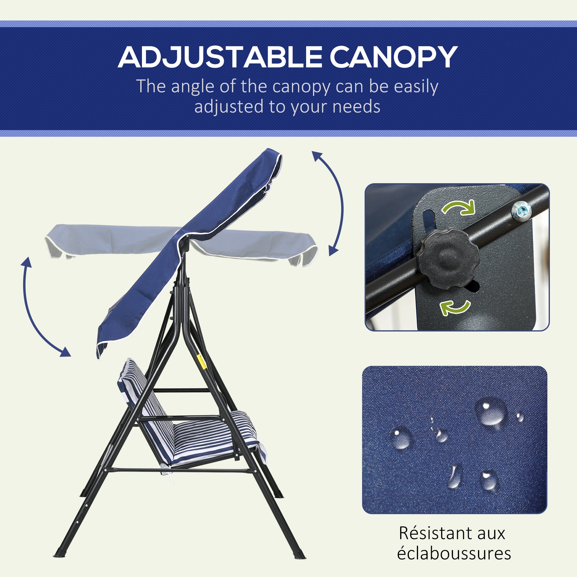3-Seat Outdoor Patio Swing Chair with Cushion, Steel Frame Stand, Adjustable Tilt Canopy for Patio, Garden, Dark Blue