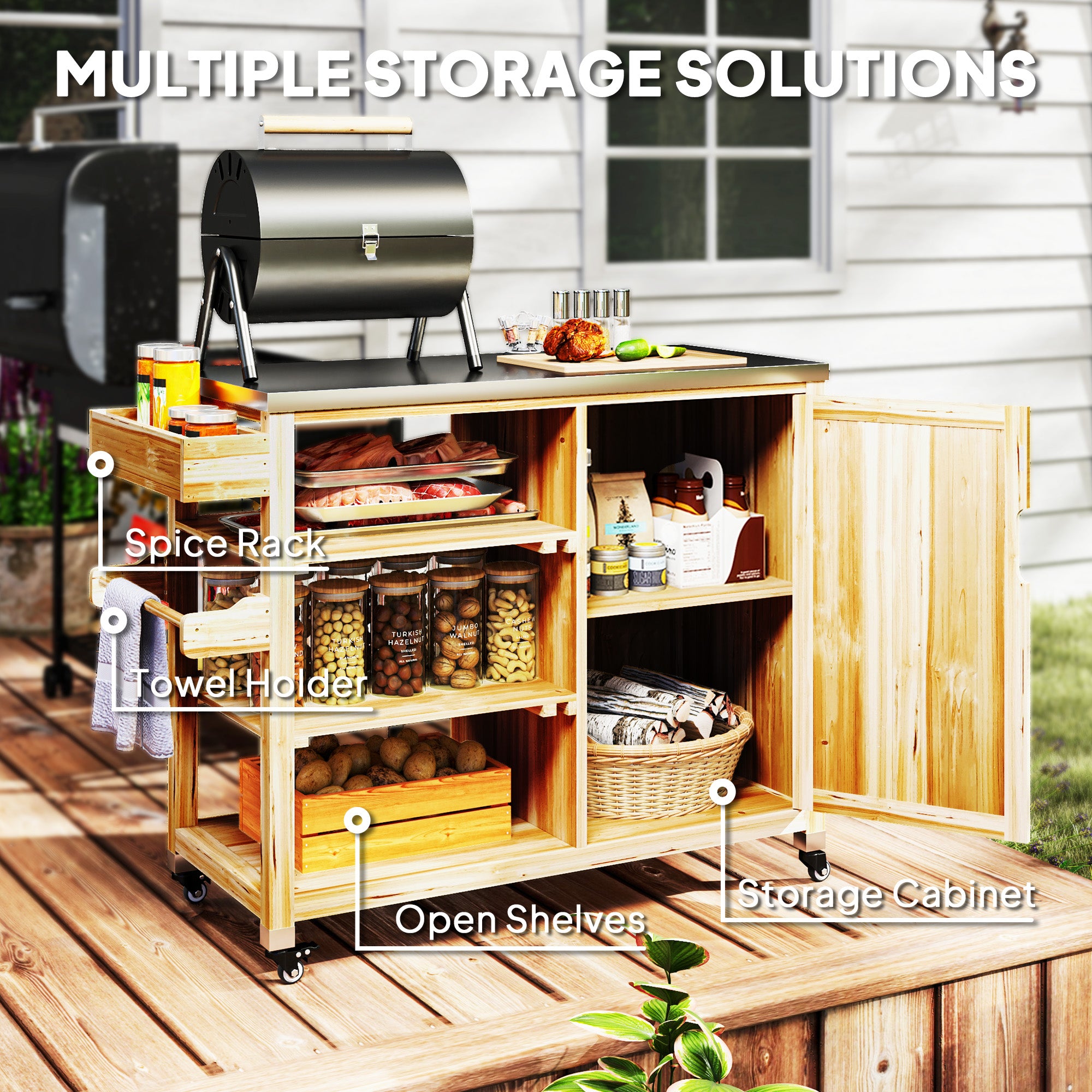 Outdoor Grill Cart with Stainless Steel Top, Solid Wood Outdoor Kitchen Island with Wheels, Natural Wood
