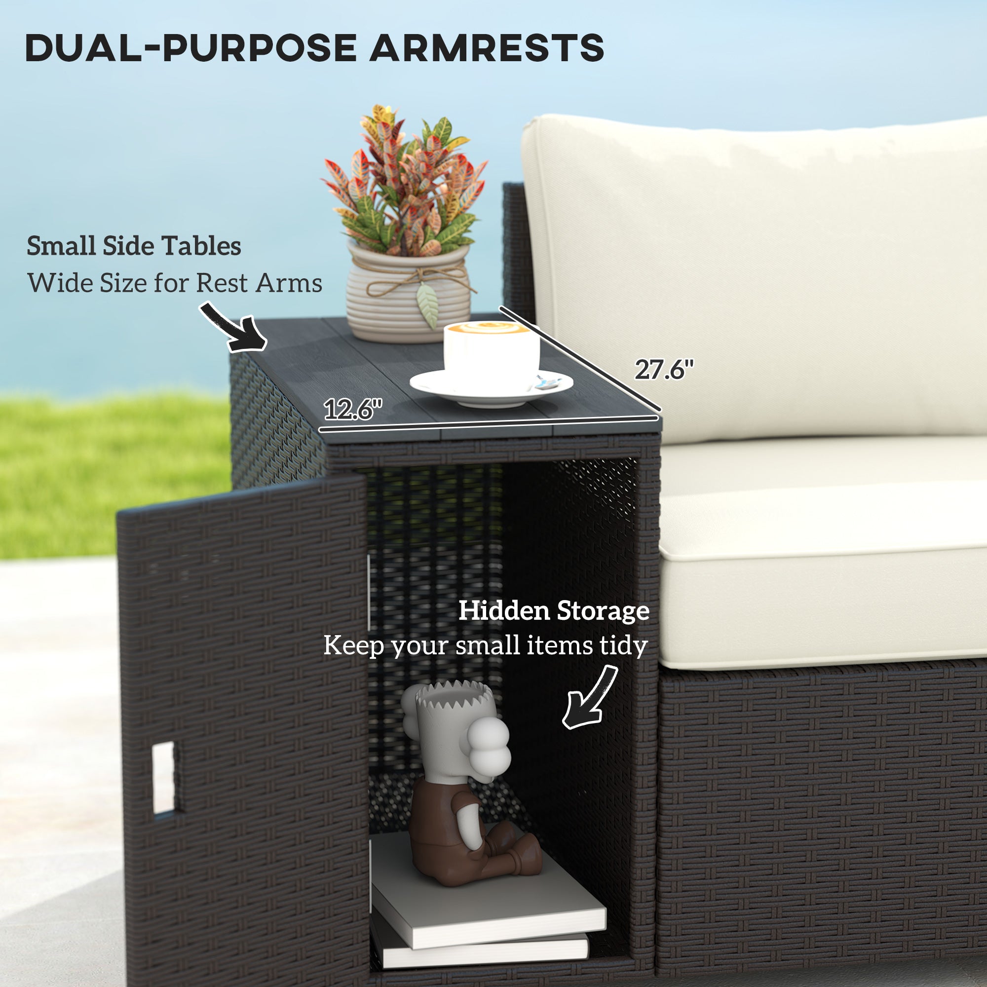 3 Seater Wicker Outdoor Couch Patio Sofa with Storage, Thickened Cushions and Wide Armrests for Porch Yard, Cream White
