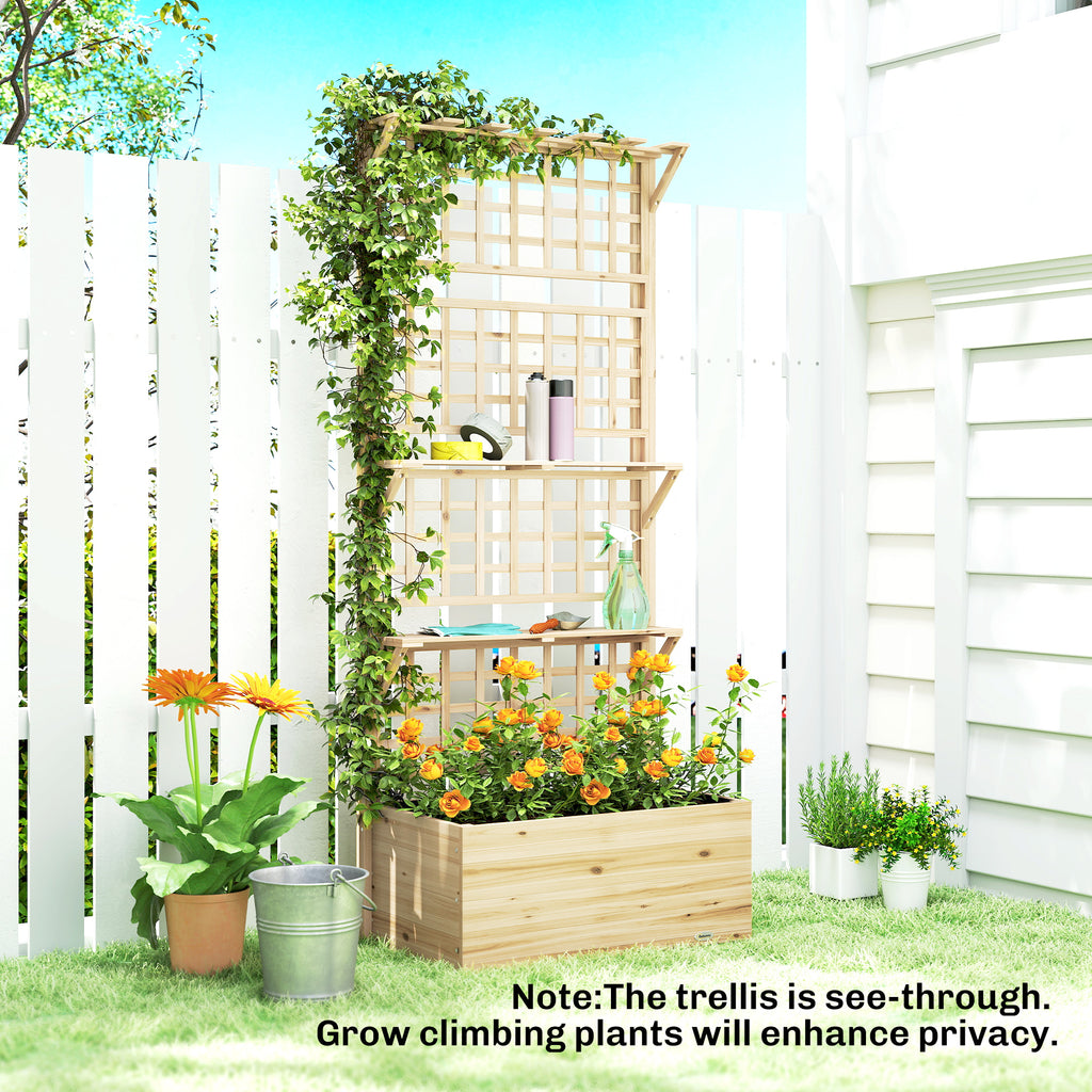Wooden Raised Garden Bed with Trellis and Roof, Elevated Planter Box with 2 Shelves, Drainage Hole and Liner, Natural