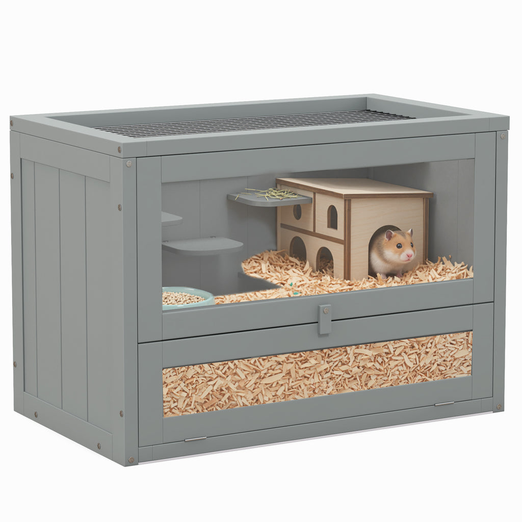 2-Level Hamster Cage with Openable Top, Door, Shelf, Ladder, Gray