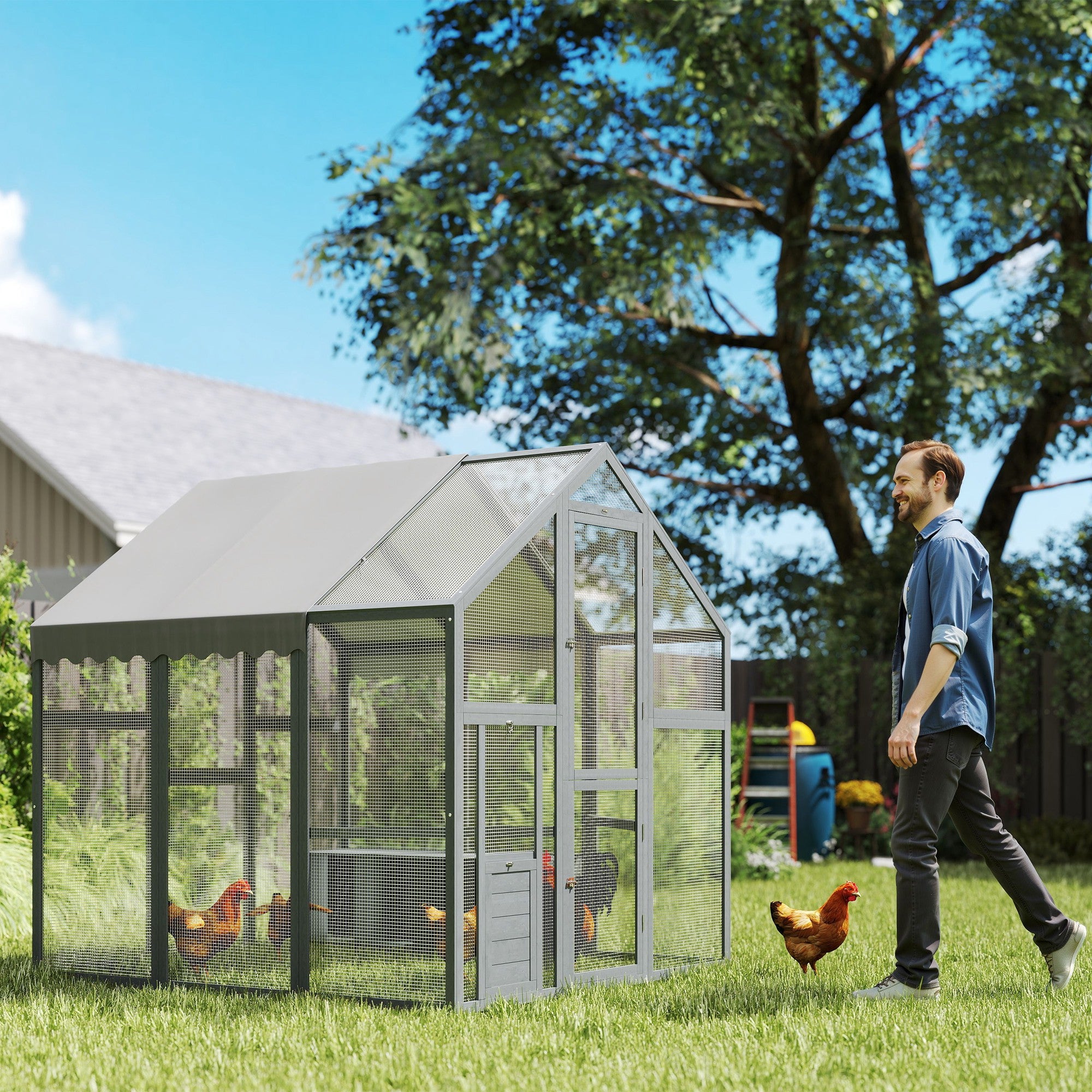 Large Wooden Chicken Run with Waterproof & Anti-UV Cover, for 6-8 Chickens, for Backyard, Farm, Gray