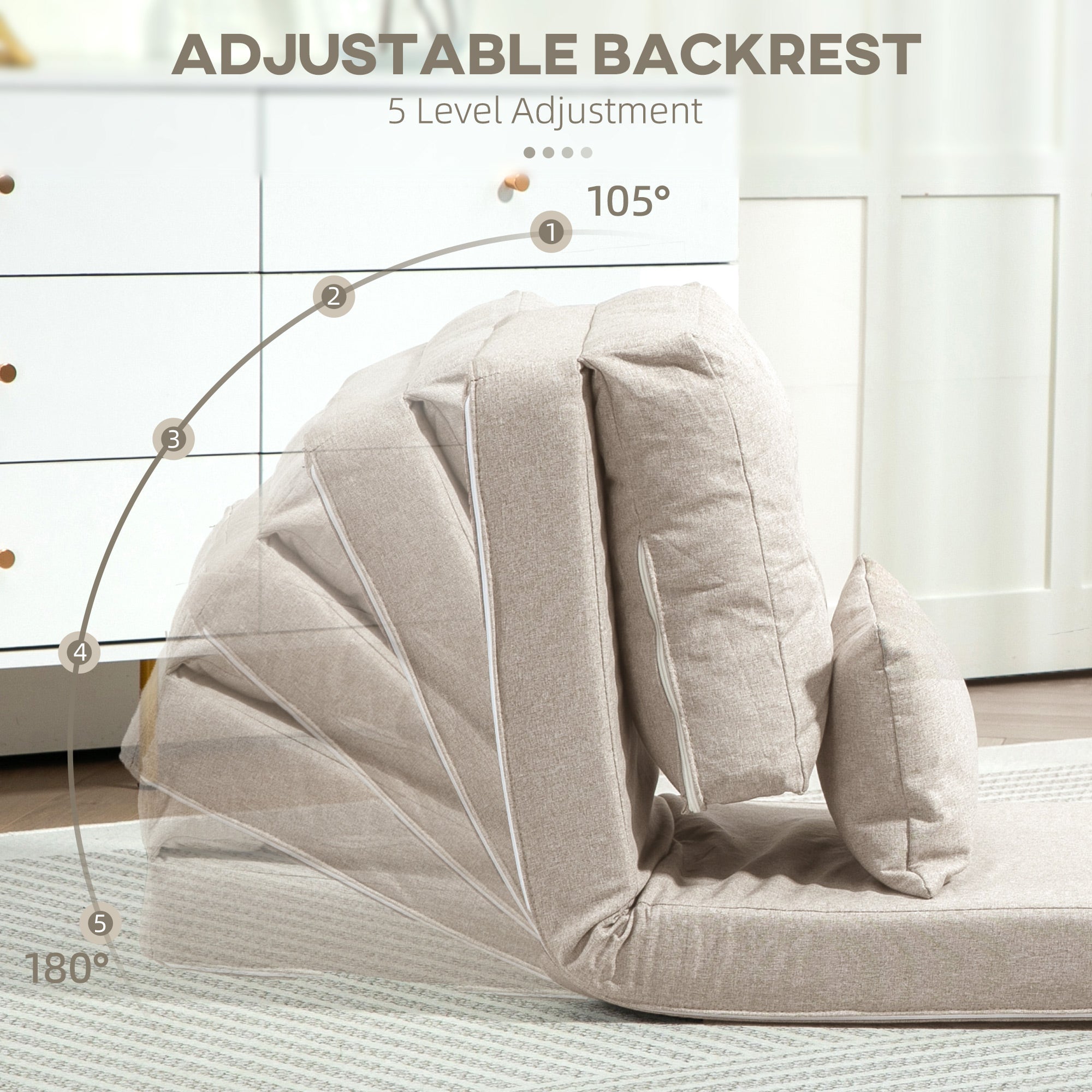Floor Chair, Convertible Floor Sofa Bed, Folding Upholstered Couch Bed with Adjustable Backrest, Beige