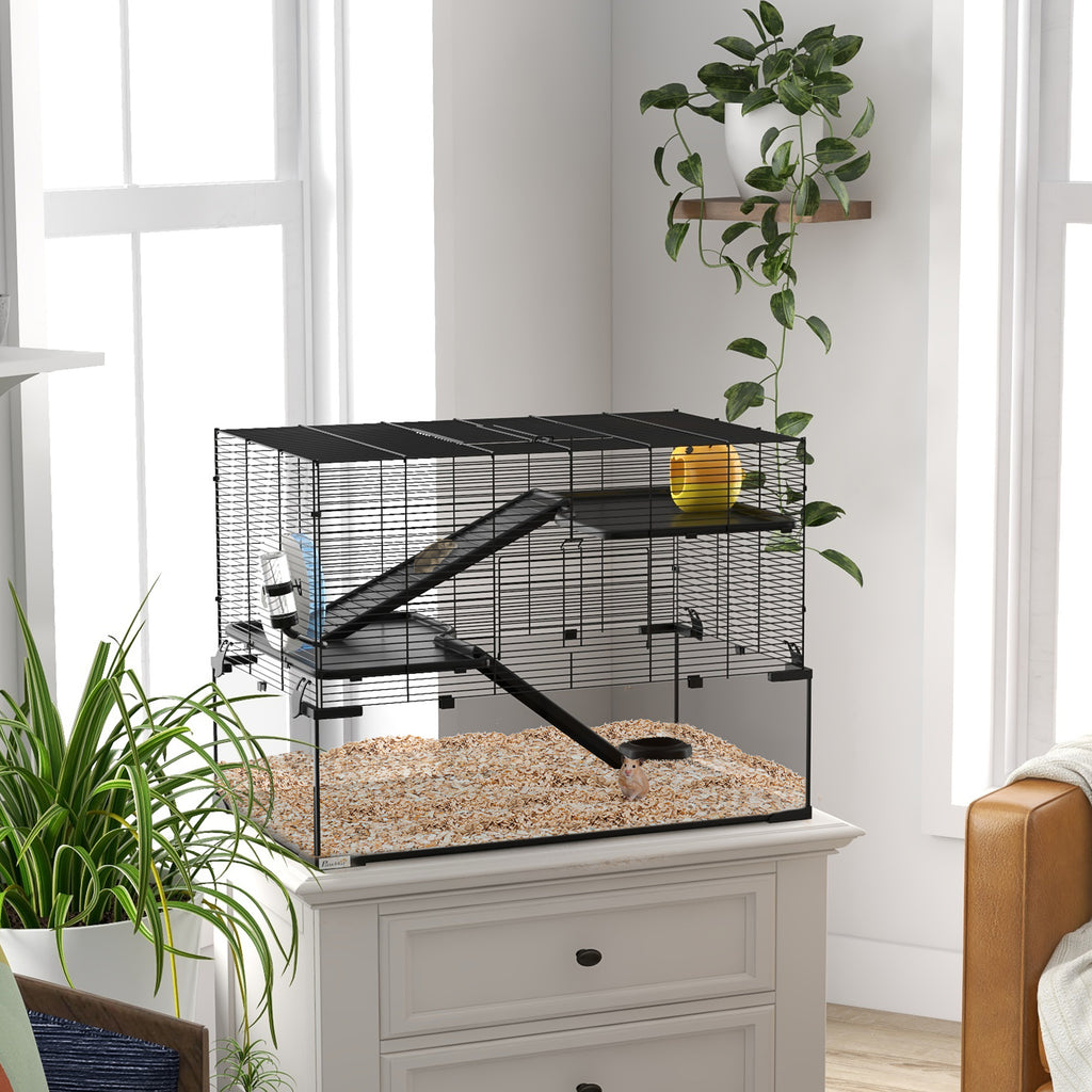 30" Hamster Cage, Gerbil Cage with Glass Basin for Small Hamsters, Black