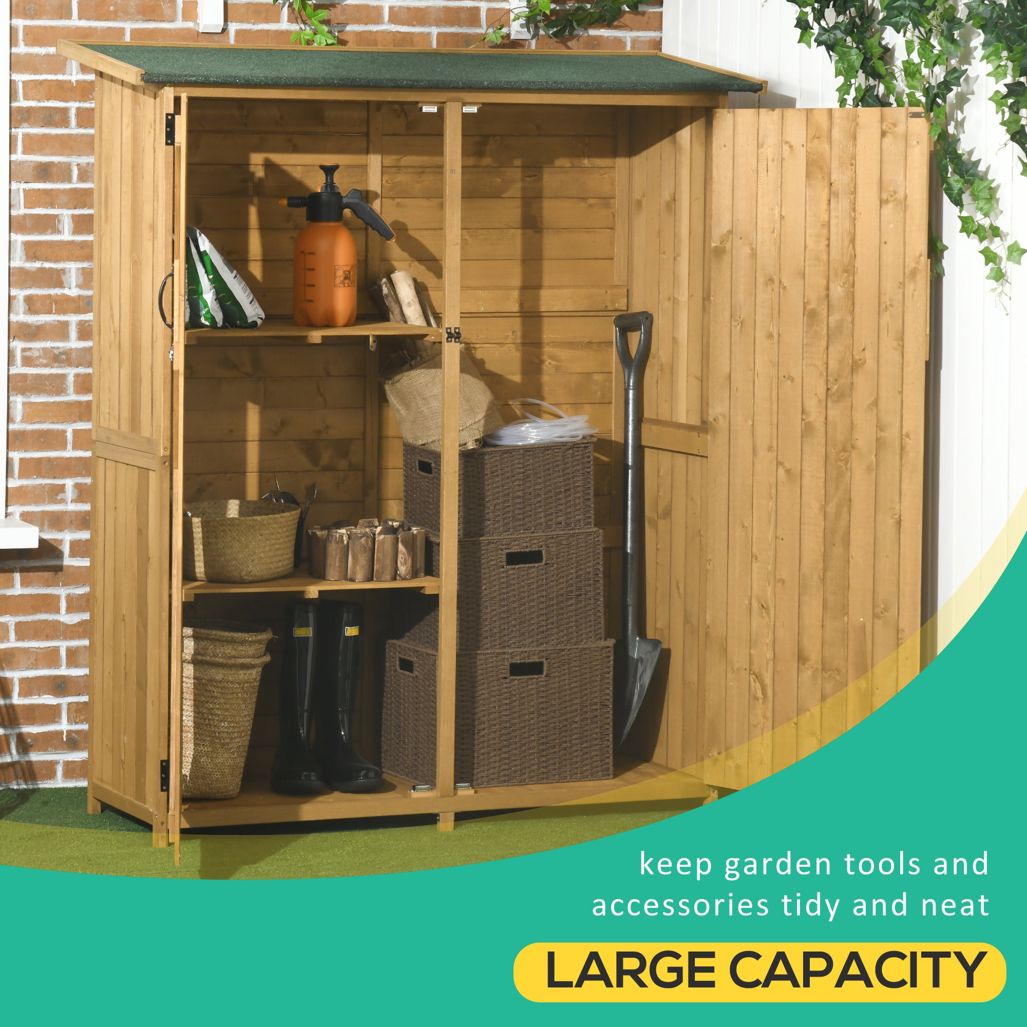 Outdoor Storage Cabinet Wooden Garden Shed Utility Tool Organizer with Waterproof Asphalt Rood, Lockable Doors, 3 Tier Shelves for Lawn, Backyard, Natural