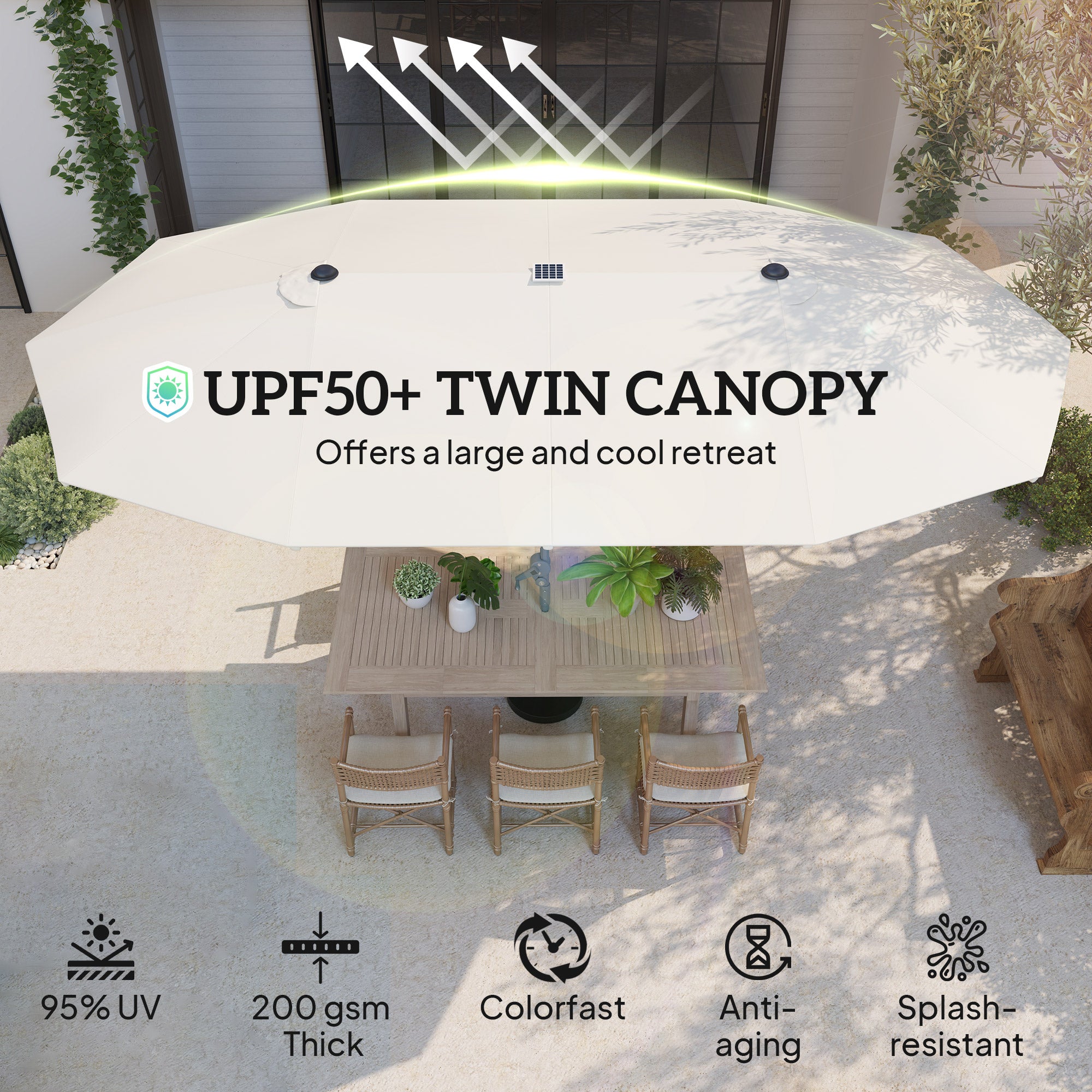 15ft Double-Sided Outdoor Umbrella with Solar Lights, UPF50+ Extra Large Aluminum Patio Umbrella with Crank, Cream White