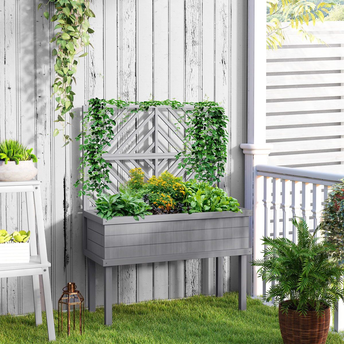 Elevated Wood Planter with Trellis for Climbing Plants, Raised Garden Bed with Legs and Drainage Holes, Gray