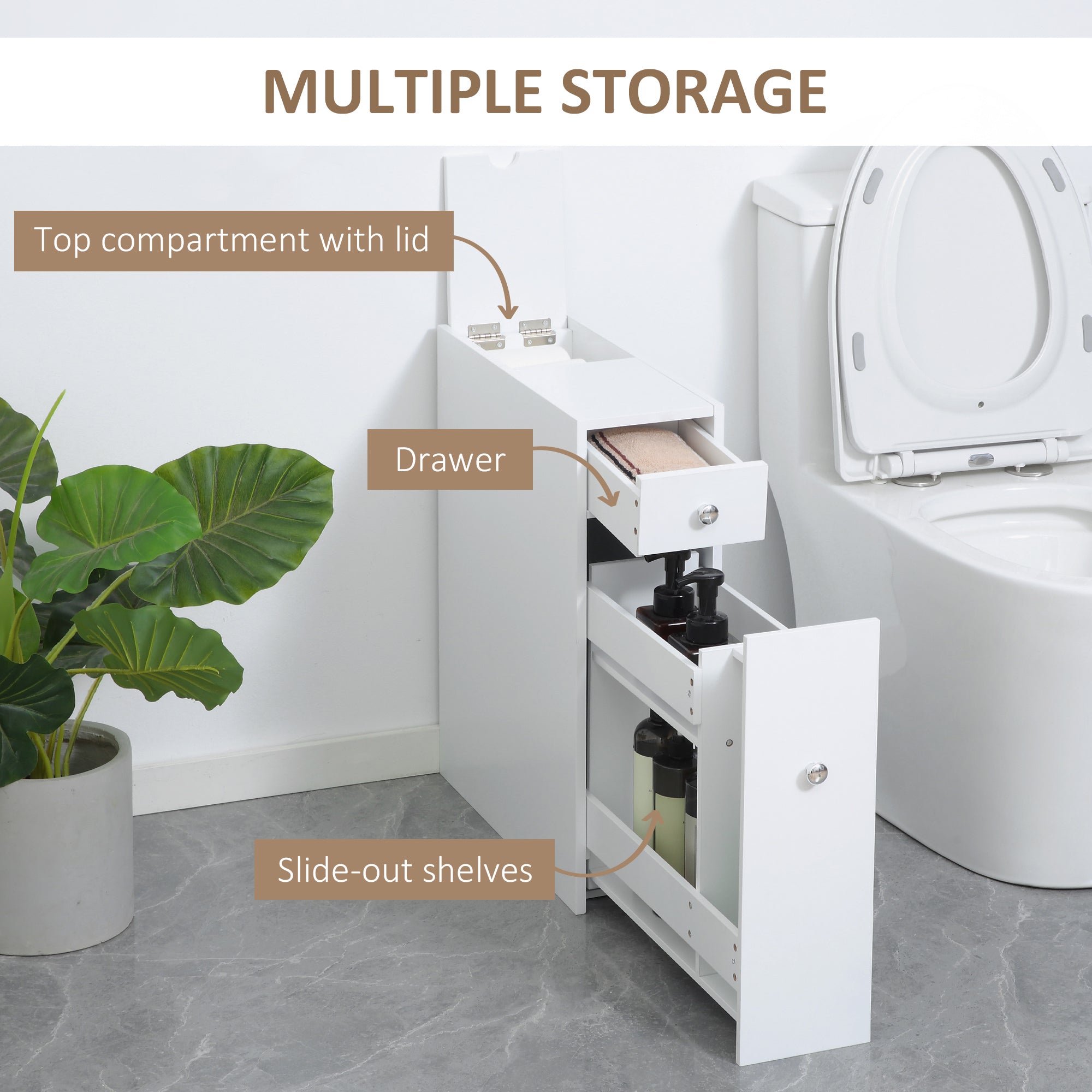 Bathroom Floor Organizer Free Standing Space Saving Narrow Storage Cabinet Bath Toilet Paper Holder with Drawers White