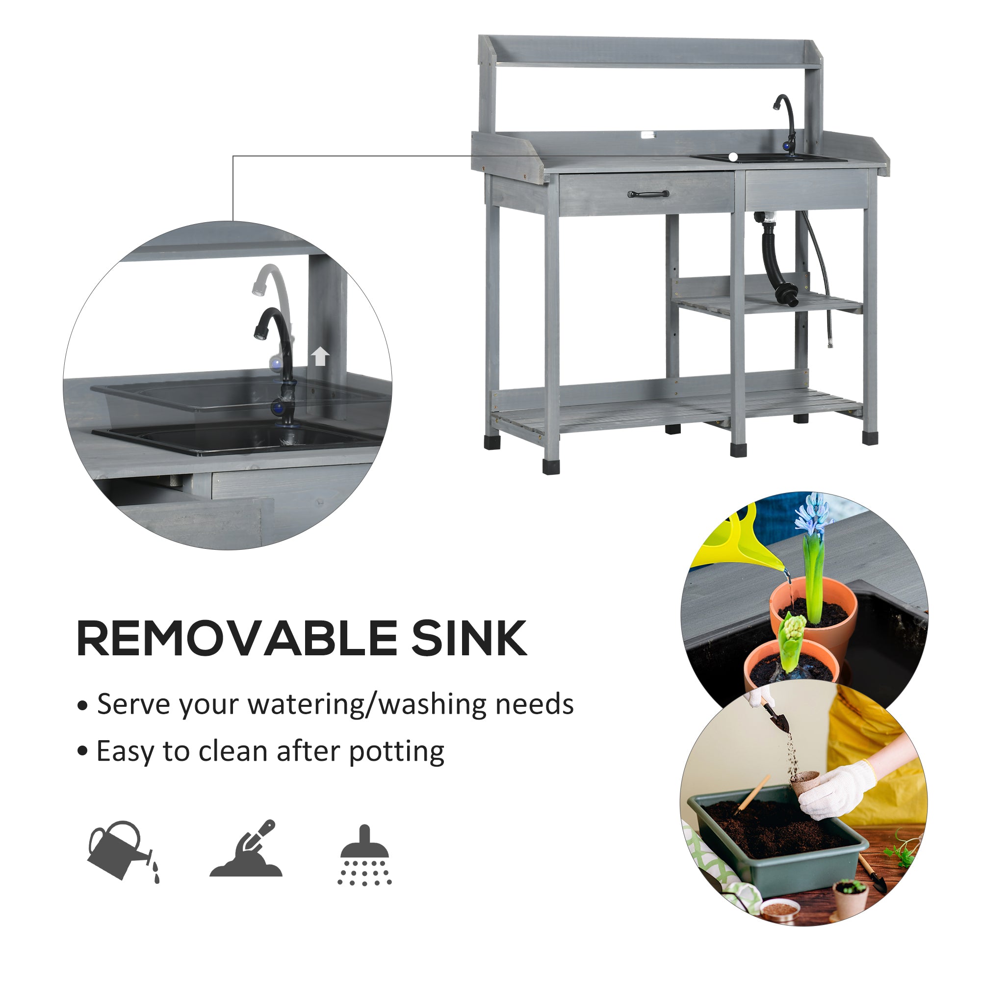 Potting Bench Table, Outdoor Garden Table Wooden Work Station with Removable Sink, Faucet, Drawer, Shelves, Hooks, Gray