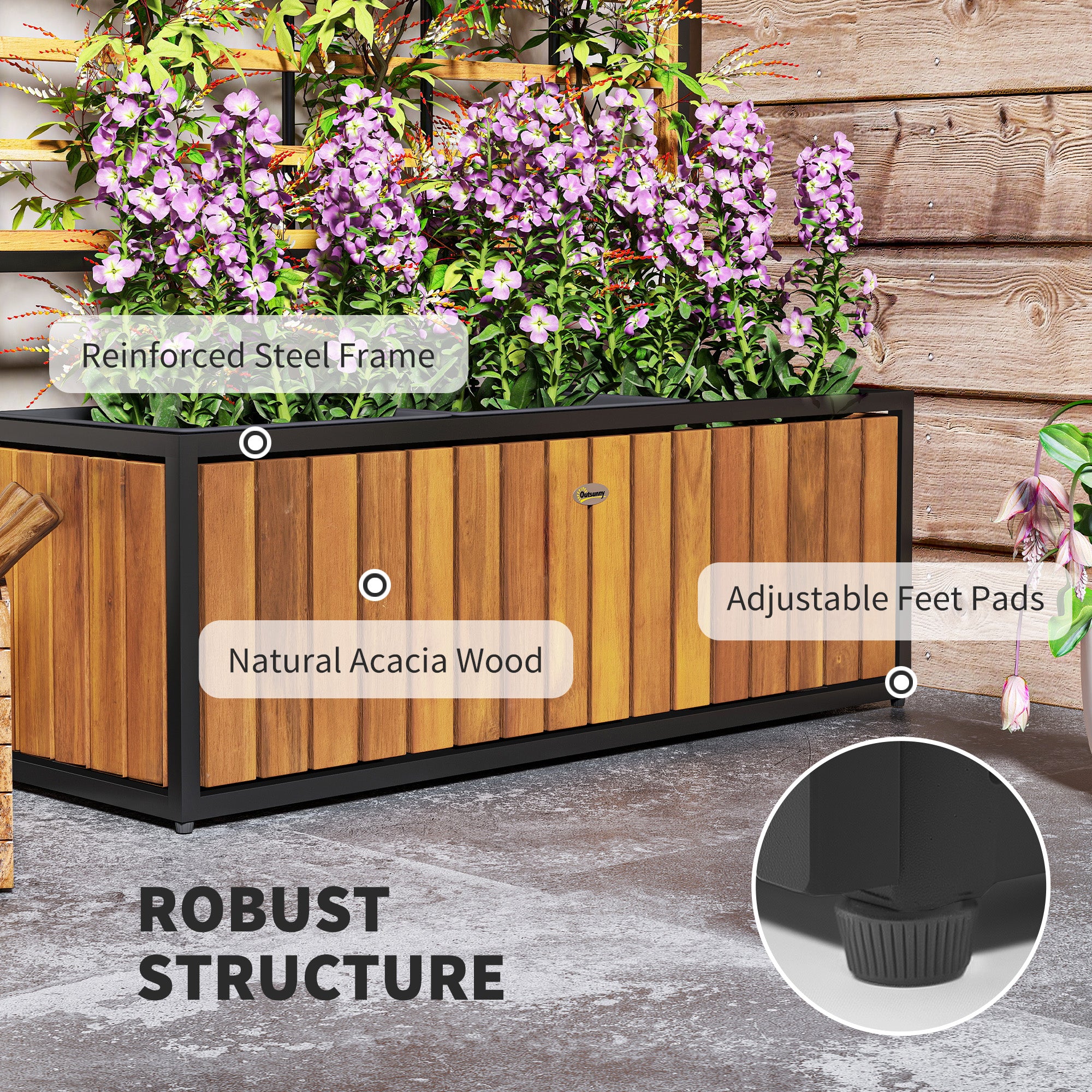 Wooden Raised Garden Bed with Trellis, Removable Pots for Backyard, Patio, Balcony, 29" x 11" x 52", Teak