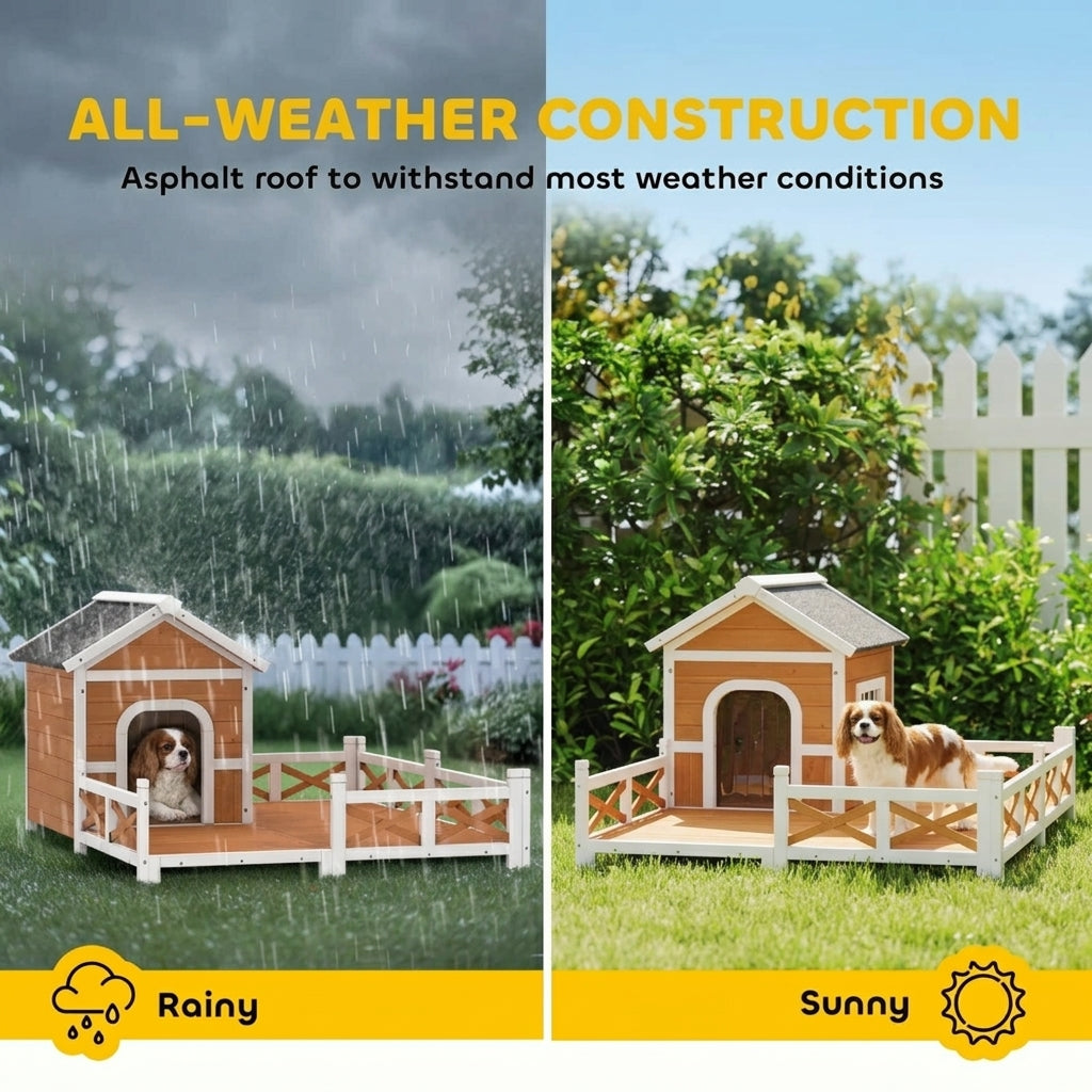 Outdoor Wooden Dog House, Dog Shelter with Large Porch, Weatherproof & Openable Roof, Elevated Base, Removable Floor