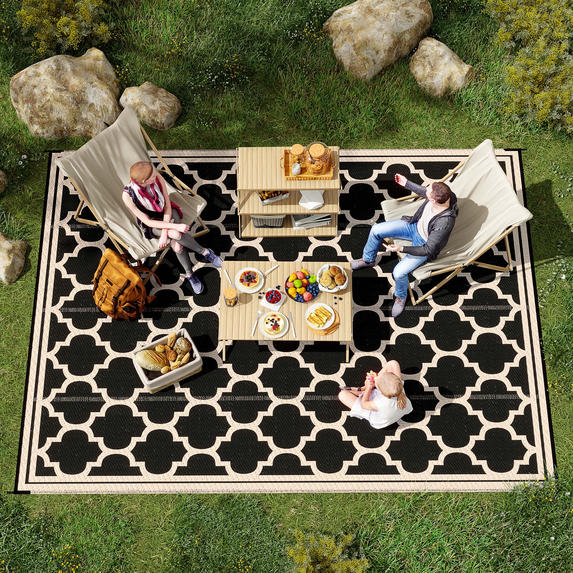 Reversible Polypropylene Outdoor Rug Folding, Durable, Perfect for Camping, Deck & Beach Black