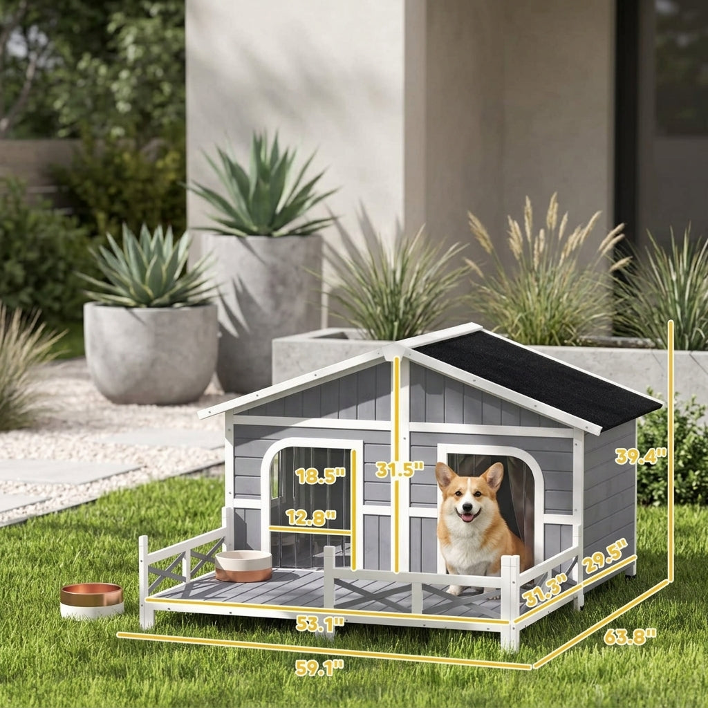 Dog House Outdoor, Wooden Dog Kennel Weatherproof with Porch, Openable Roof, Removable Bottom, Elevated Floor, Double Room for 2 Small to Medium Breeds, Gray
