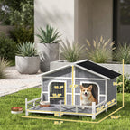 Dog House Outdoor, Wooden Dog Kennel Weatherproof with Porch, Openable Roof, Removable Bottom, Elevated Floor, Double Room for 2 Small to Medium Breeds, Gray