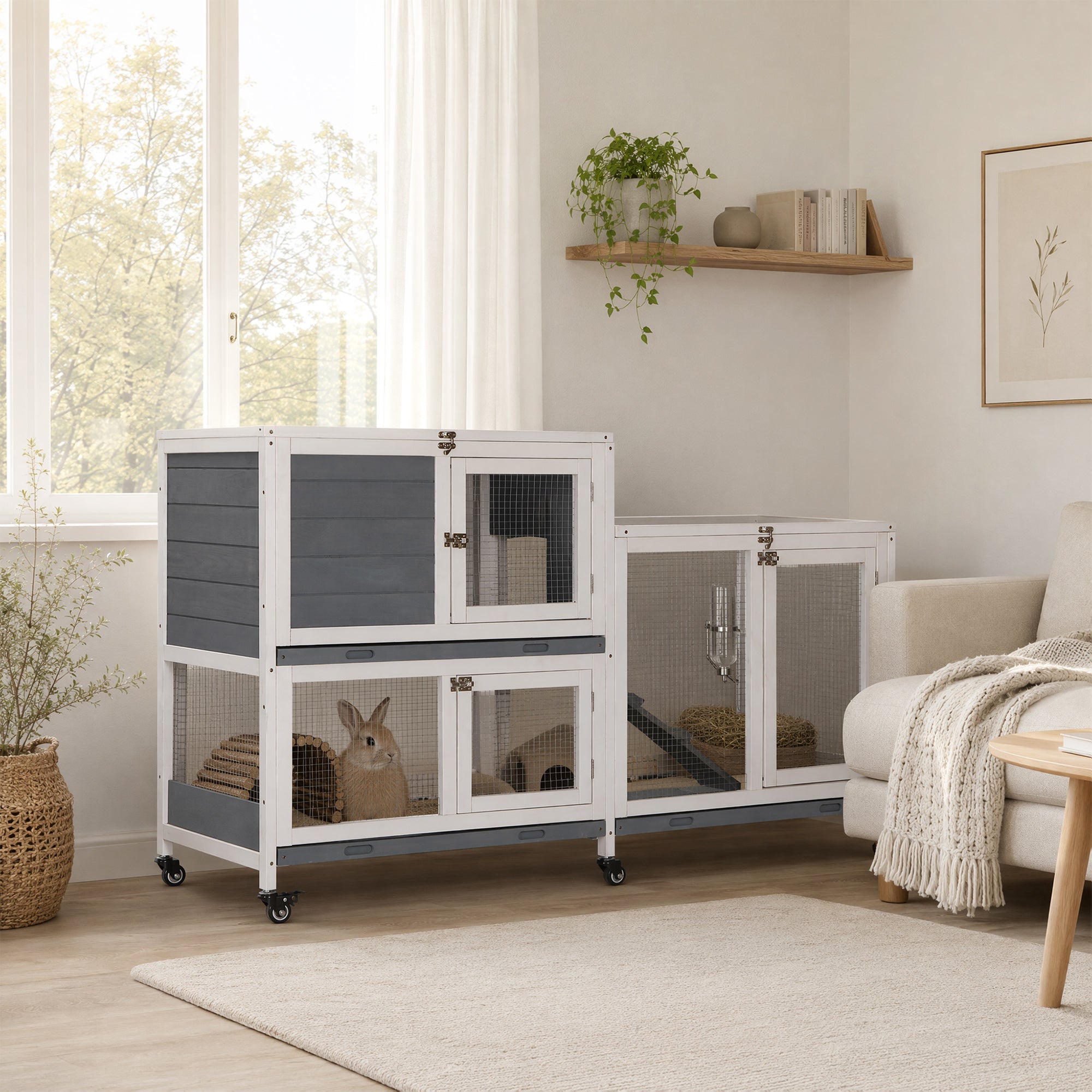 Wooden Rabbit Hutch Bunny Hutch Elevated Pet House Cage Small Animal Habitat with No Leak Tray Lockable Door Openable Top for Rabbits, Chickens, Ducks, Indoor 57.75" x 18" x 32.5" Gray