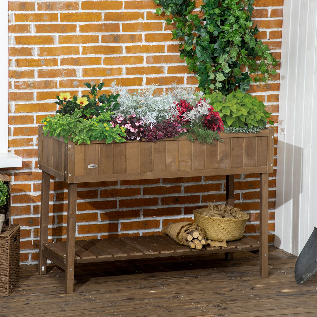 Wooden Raised Garden Bed, Elevated Planter Box Stand with 8 Slots and Open Shelf, Dark Brown