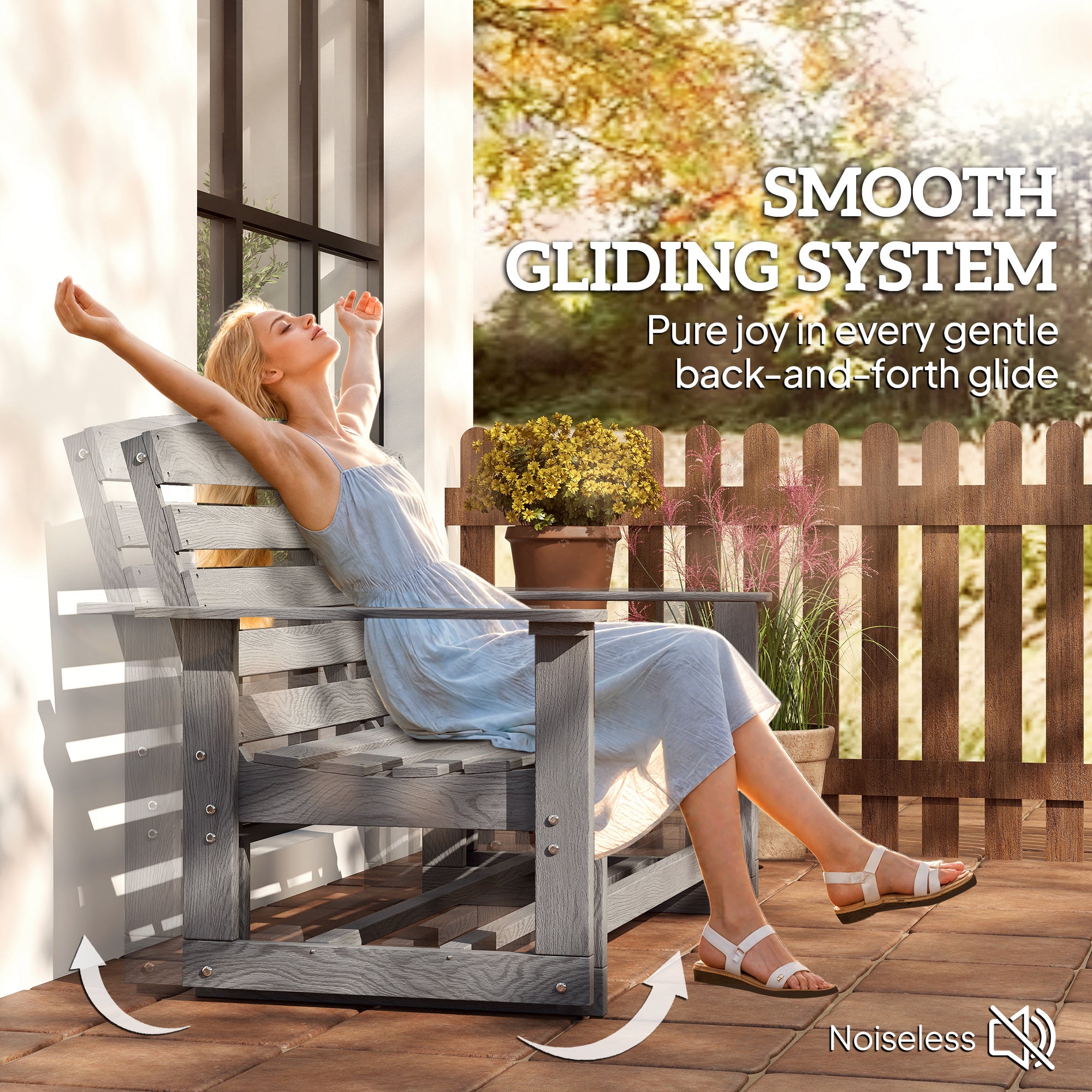 Patio Glider Bench w/ HDPE Slatted Double Rocking Chair, Distressed Gray
