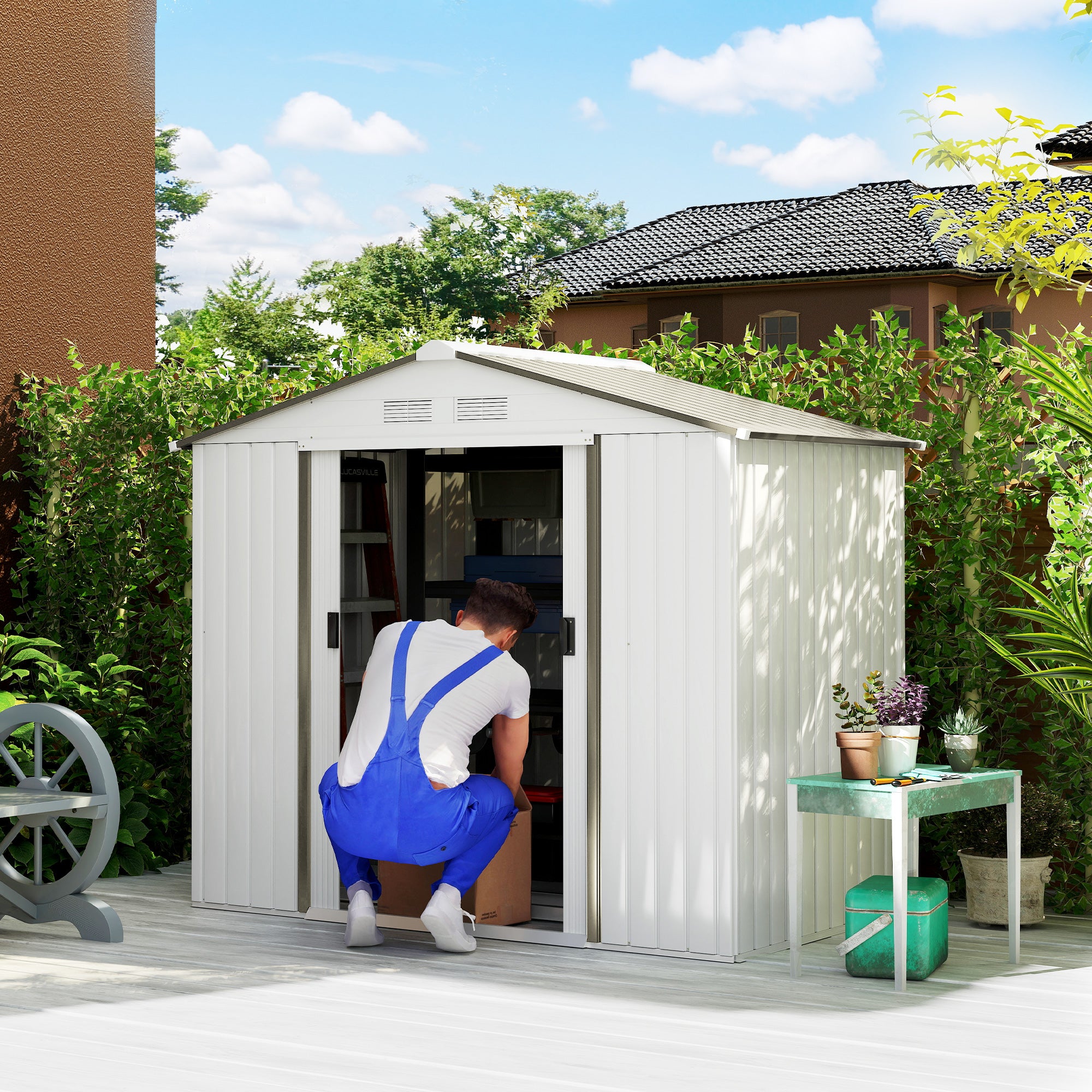 7x4 Garden Shed, Storage Shed with 4 Vents & 2 Sliding Doors, Garden Tool House for Backyard, Patio, Garage, Lawn,White