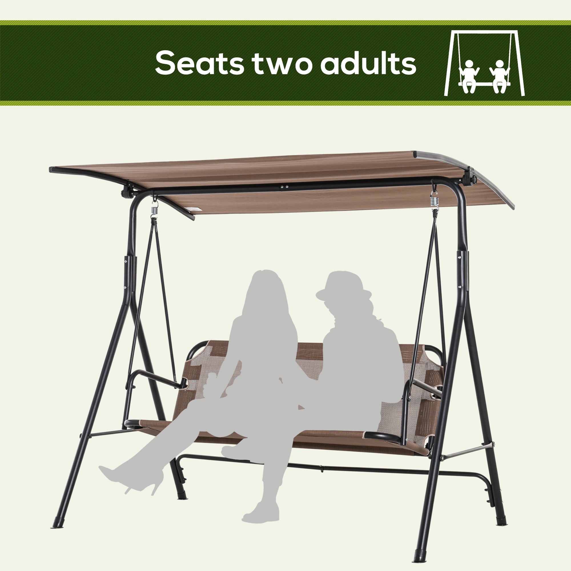 2-Seater Patio Swing Chair, Outdoor Adjustable Canopy Porch Swing with Armrests, Texeline Fabric and Steel Frame, Brown