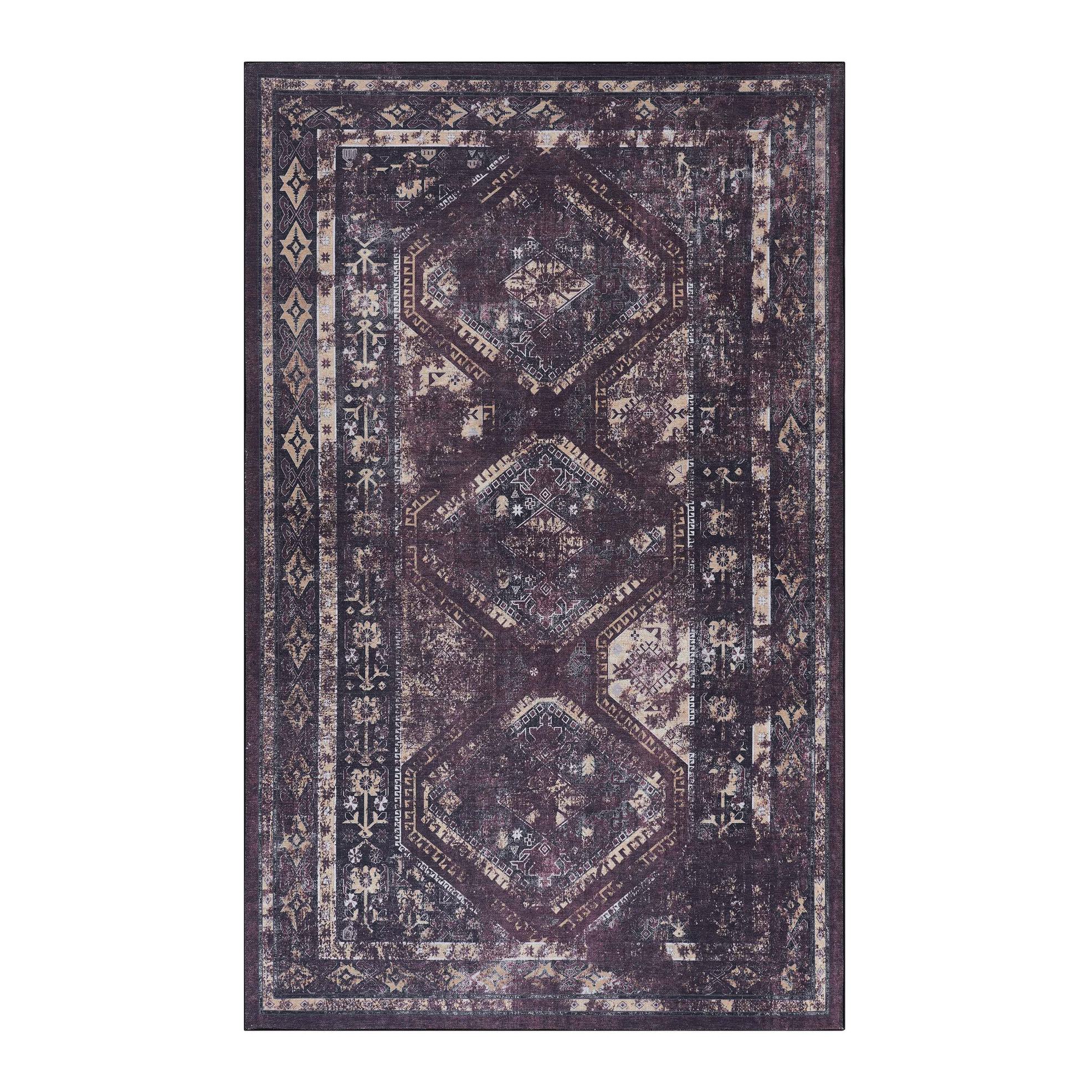 3x5 Washable Low-Pile Non-Slip Non-Shedding Area Rug, Kid and Pet Friendly, Foldable for Living Room, Bedroom, Dining Room, Black+Burgundy