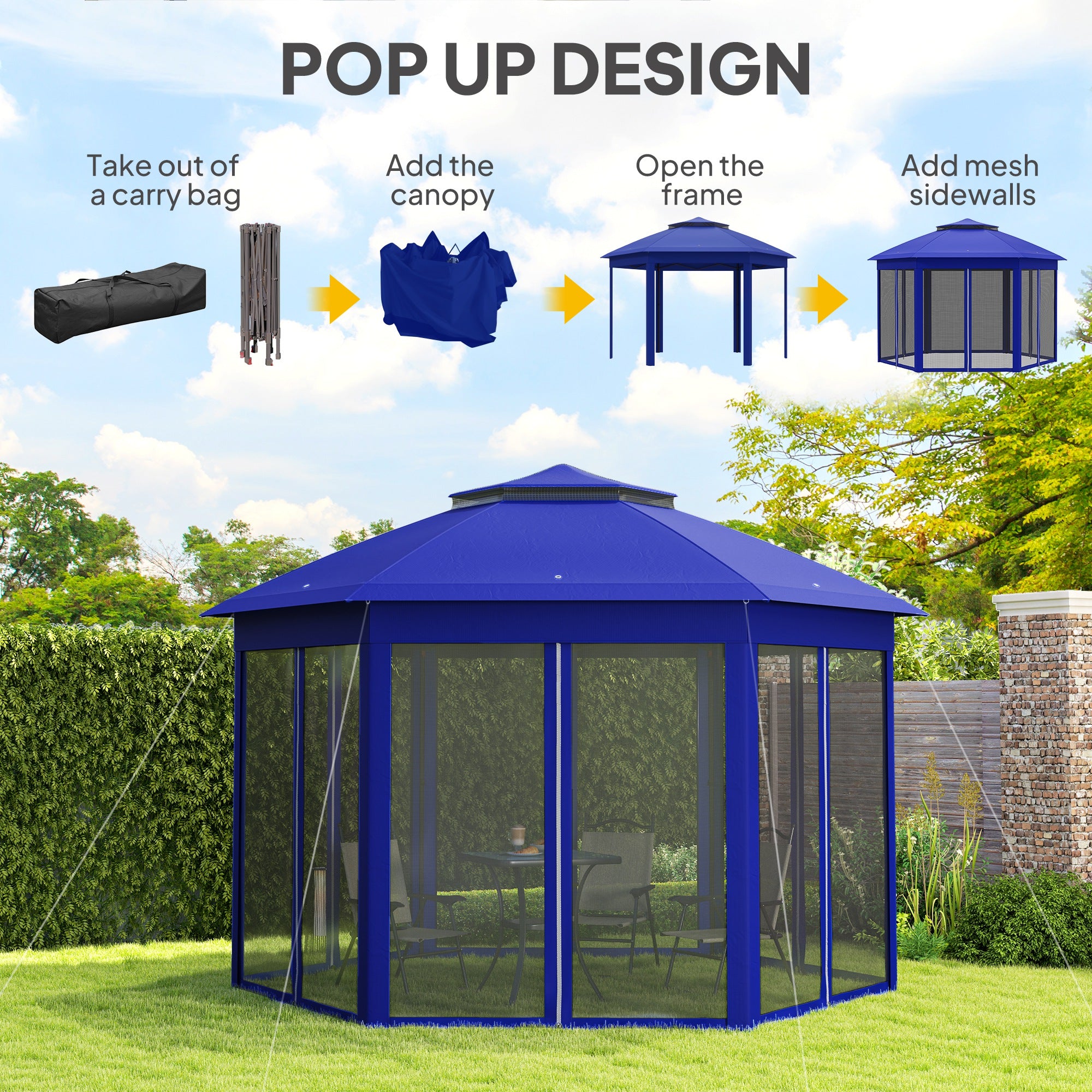 13' x 13' Pop Up Gazebo Hexagonal Canopy Shelter with 6 Zippered Mesh Netting for Patio Backyard Garden Wedding Party