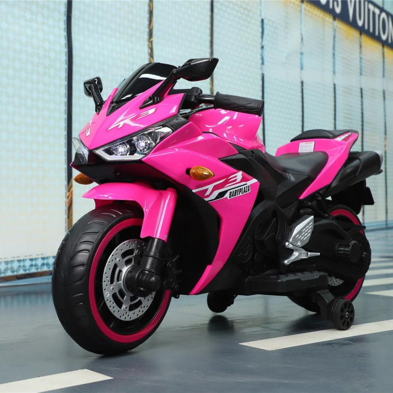 12V Kids Electric Ride-On Motorcycle with Training Wheels and Headlight, Motorbike with MP3 and Light-Up Wheels, 46" L x 20" W x 26" H, Pink