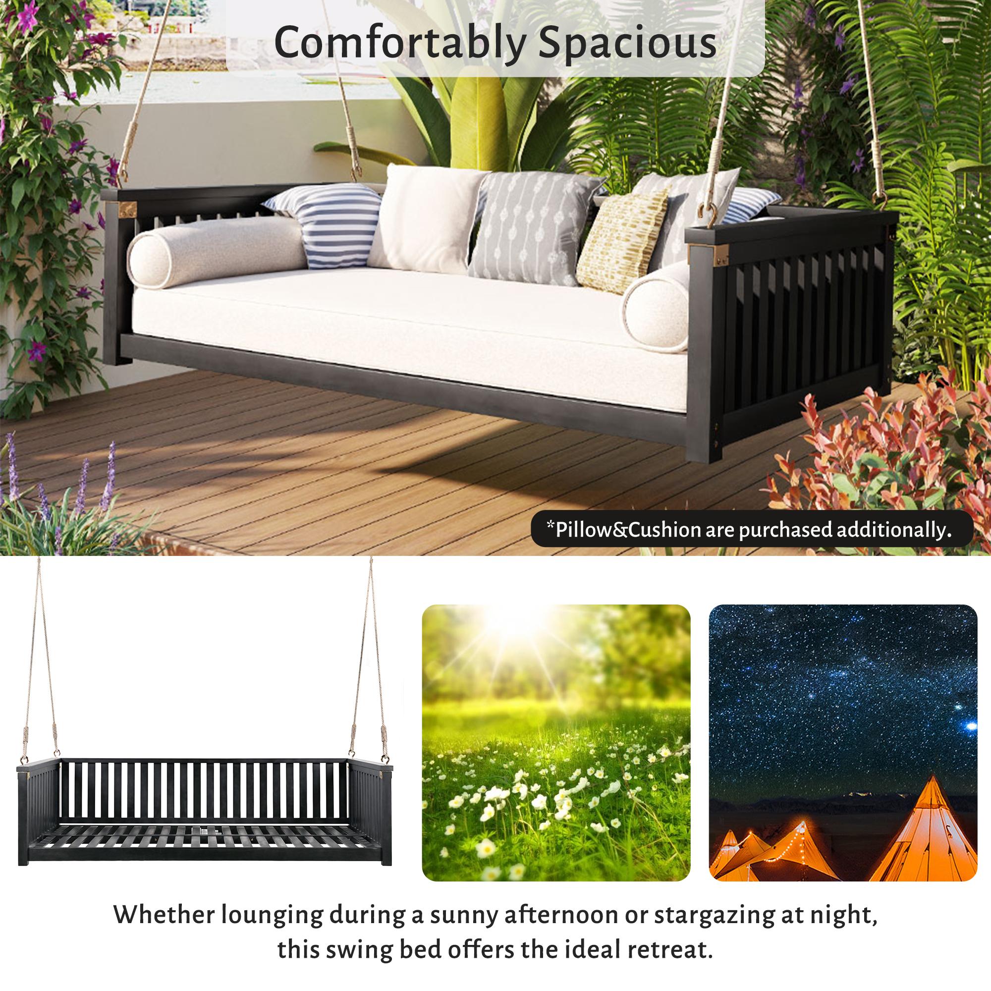 Twin Size Acacia Wood Porch Swing with Ropes for Patio & Garden, Hanging Swing Bed with Sloped Design, 79'' L x 41.5'' W x 21'' H, Black