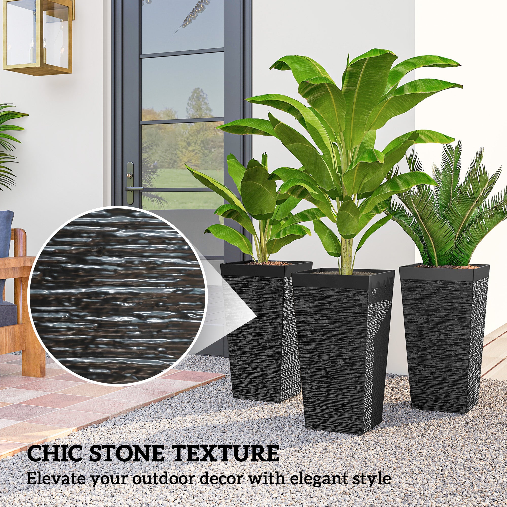 22.8 Inch Set of 3 Outdoor Planters with Stone Finish and Wheels, Stackable Tapered Planters with Drainage Hole, Black