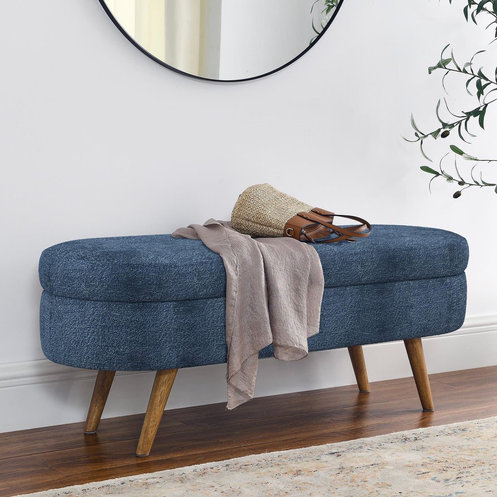 Oval Storage Ottoman Bench with Foam Cushion and Sturdy Rubberwood Legs, Multi-Use Footstool for Bedroom, 43.5" L x 16" W x 16" H, Dark Blue