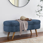 Oval Storage Ottoman Bench with Foam Cushion and Sturdy Rubberwood Legs, Multi-Use Footstool for Bedroom, 43.5" L x 16" W x 16" H, Dark Blue