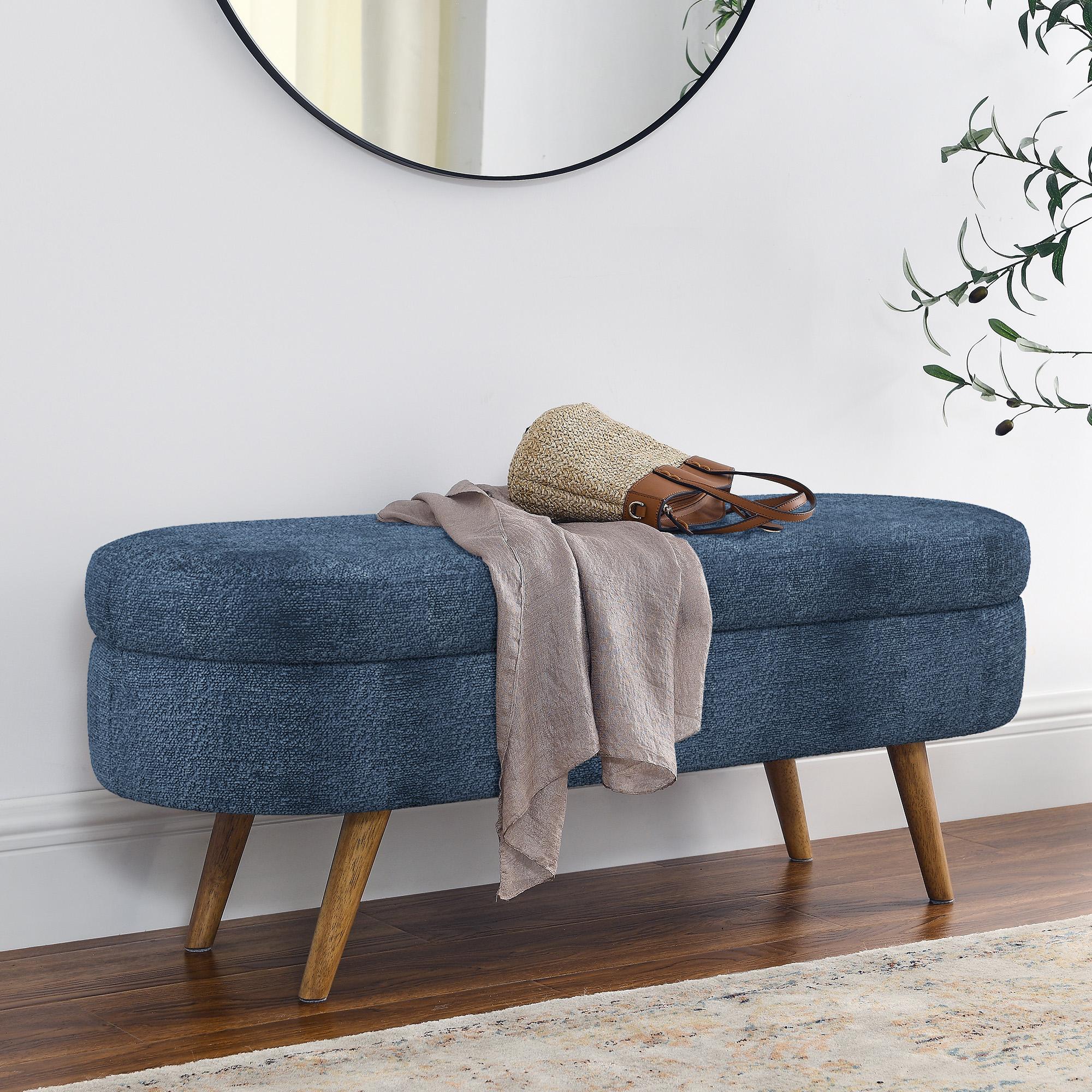 Oval Storage Ottoman Bench with Foam Cushion and Sturdy Rubberwood Legs, Multi-Use Footstool for Bedroom, 43.5" L x 16" W x 16" H, Dark Blue