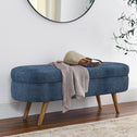 Oval Storage Ottoman Bench with Foam Cushion and Sturdy Rubberwood Legs, Multi-Use Footstool for Bedroom, 43.5" L x 16" W x 16" H, Dark Blue